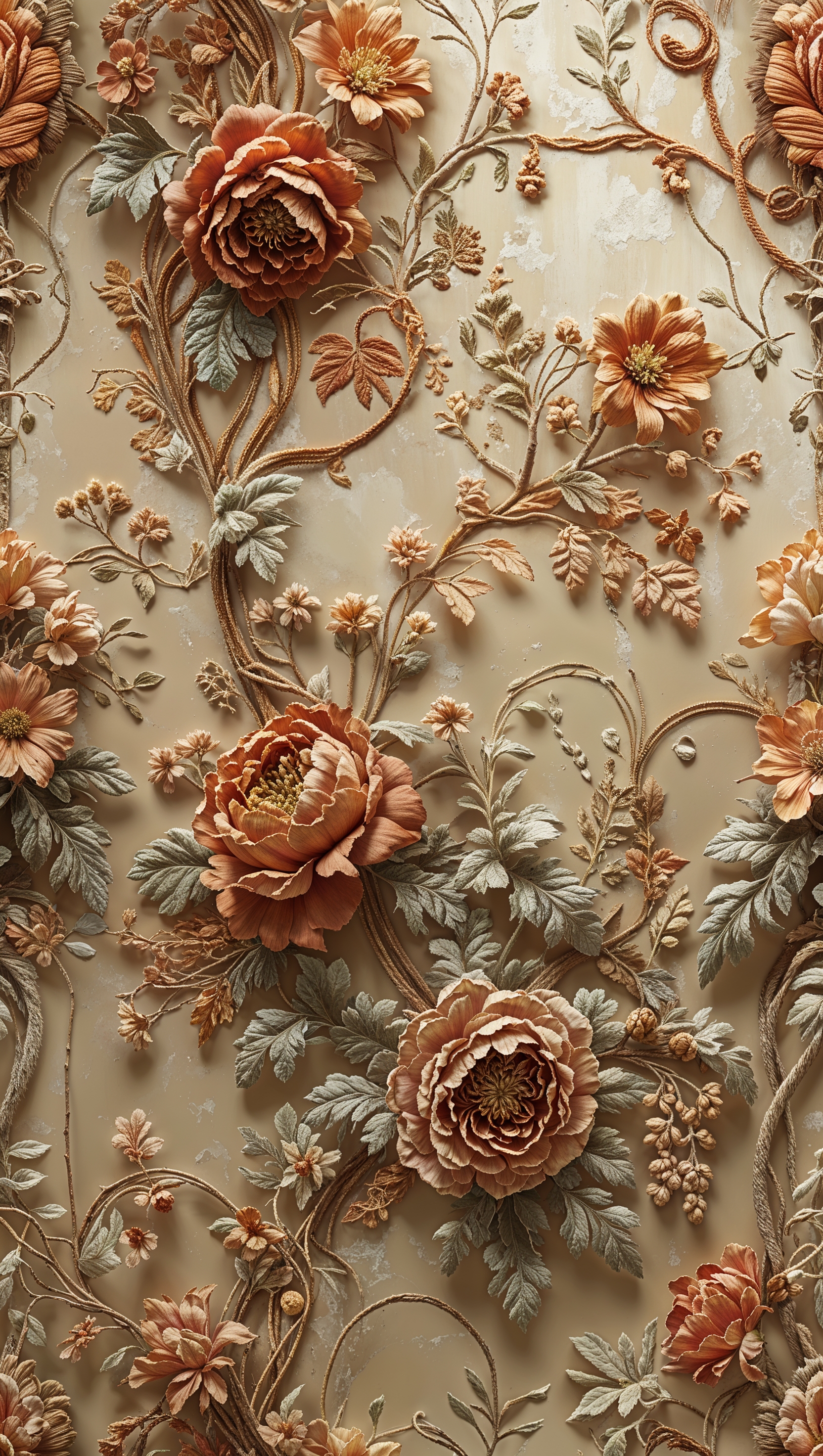 Antique floral embroidery style wallpaper, textured and warm colors
