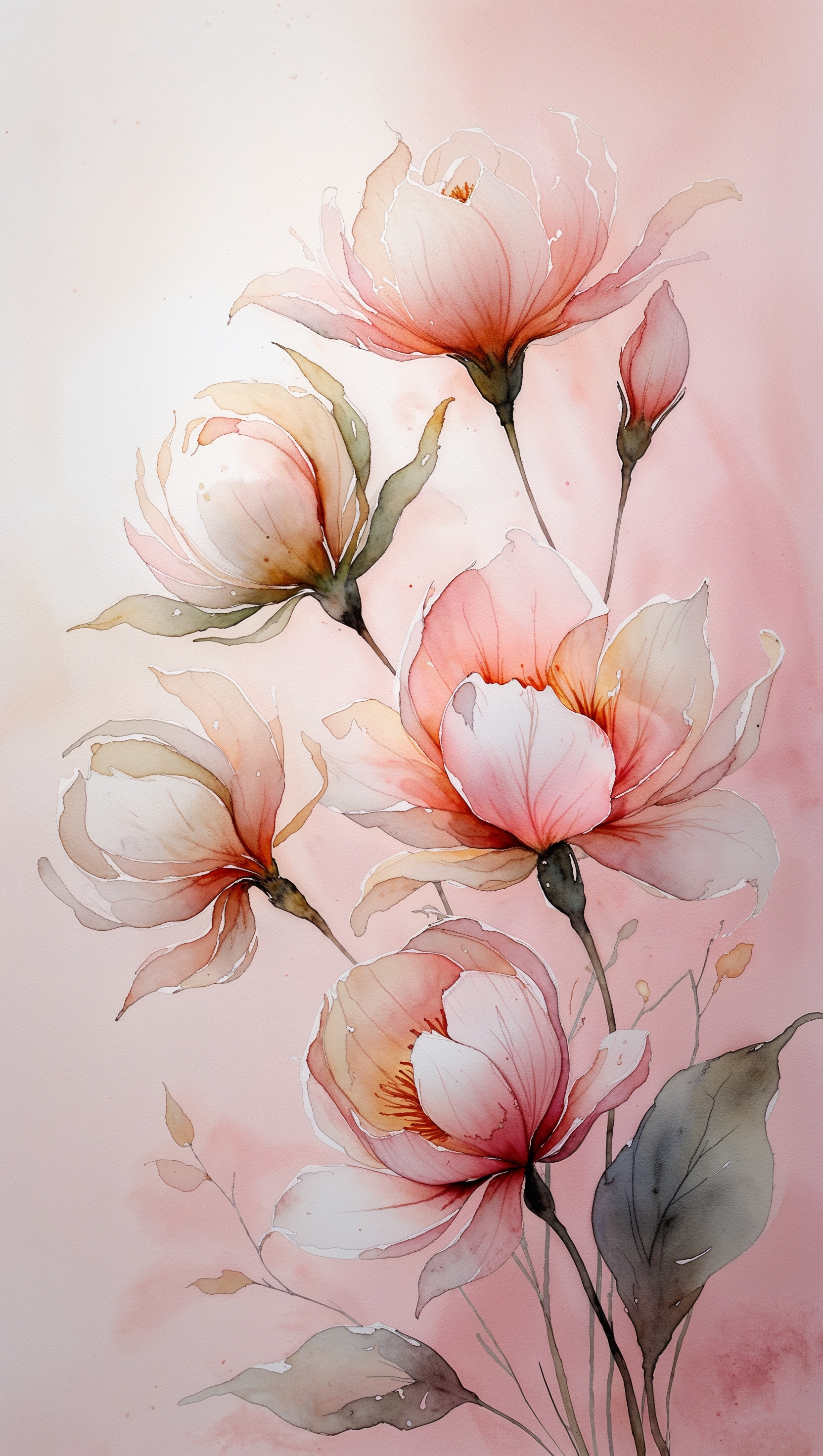 Soft watercolor vintage flowers on pale pink background, elegant style