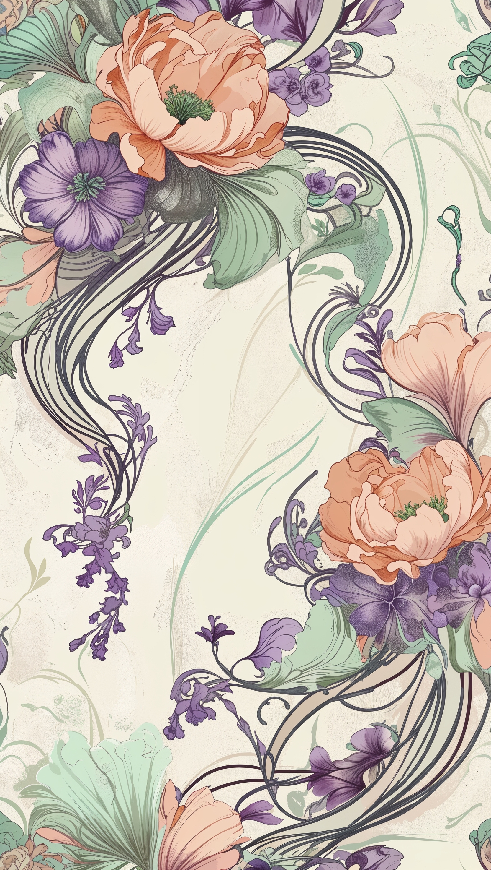 Art Nouveau floral pattern with curving vintage lines