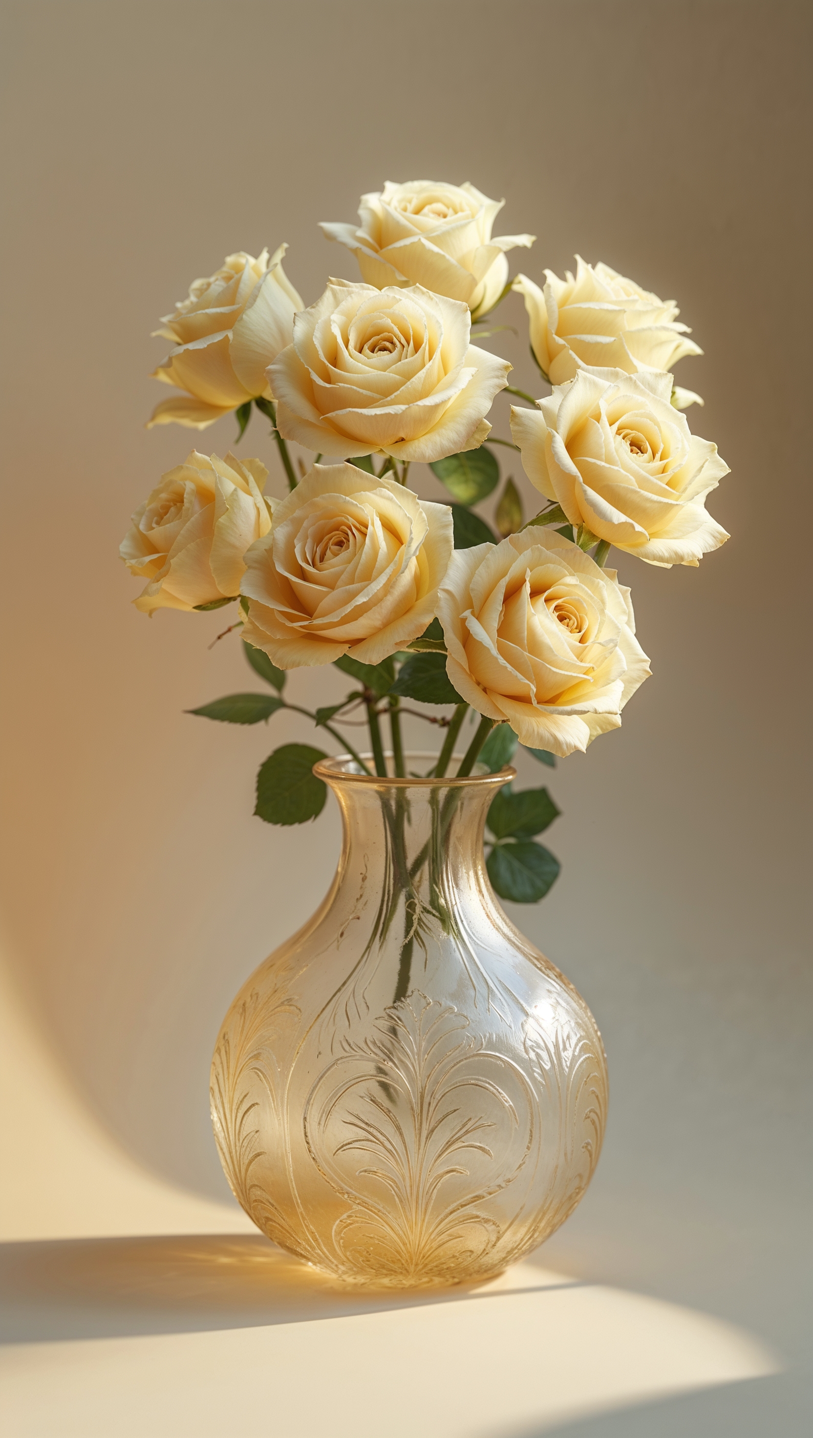 Pale yellow roses in a vintage glass vase, softly lit