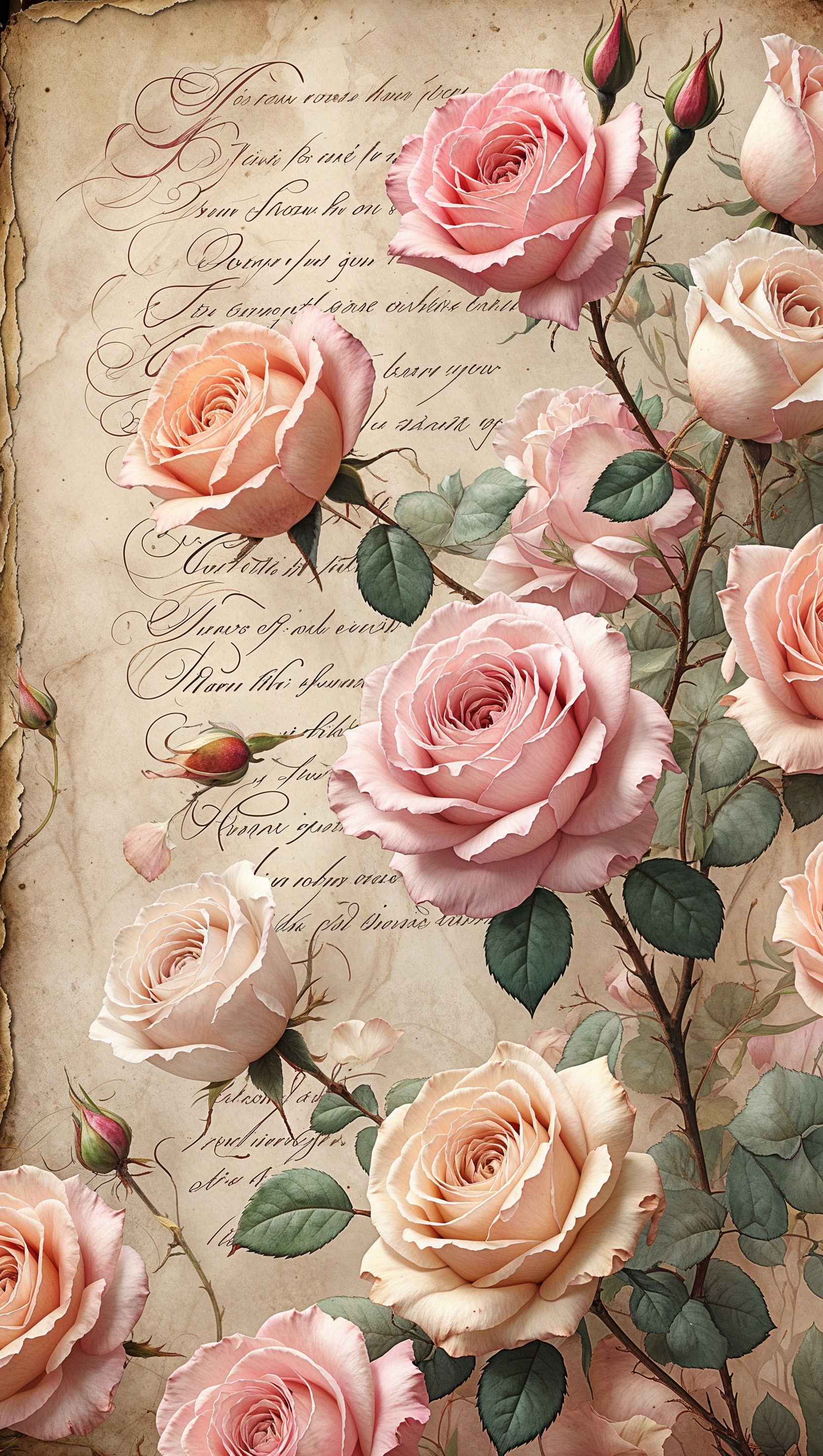 Romantic vintage roses with handwritten poetry background