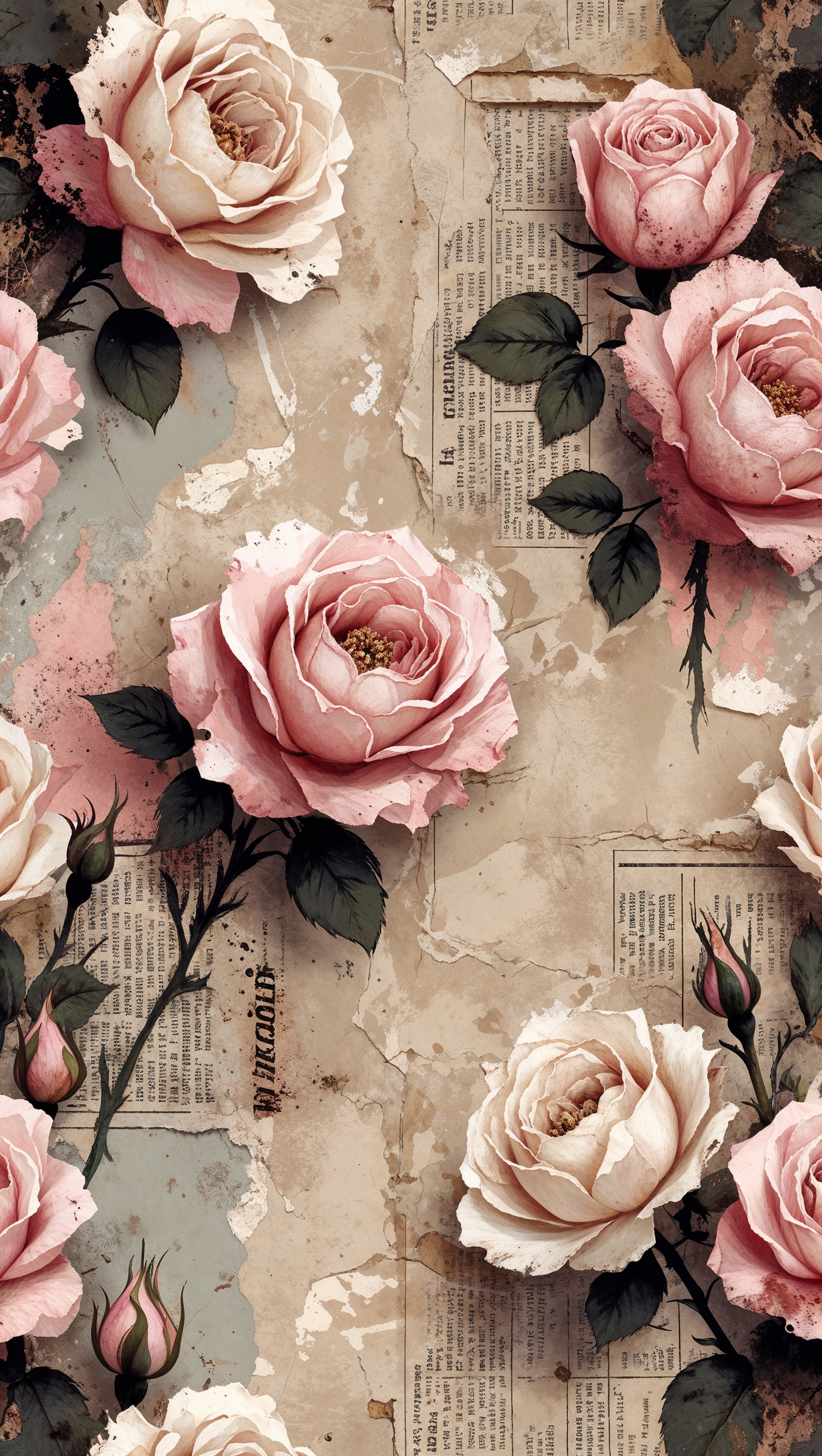 Vintage floral pattern with tiny roses and faded newspaper texture