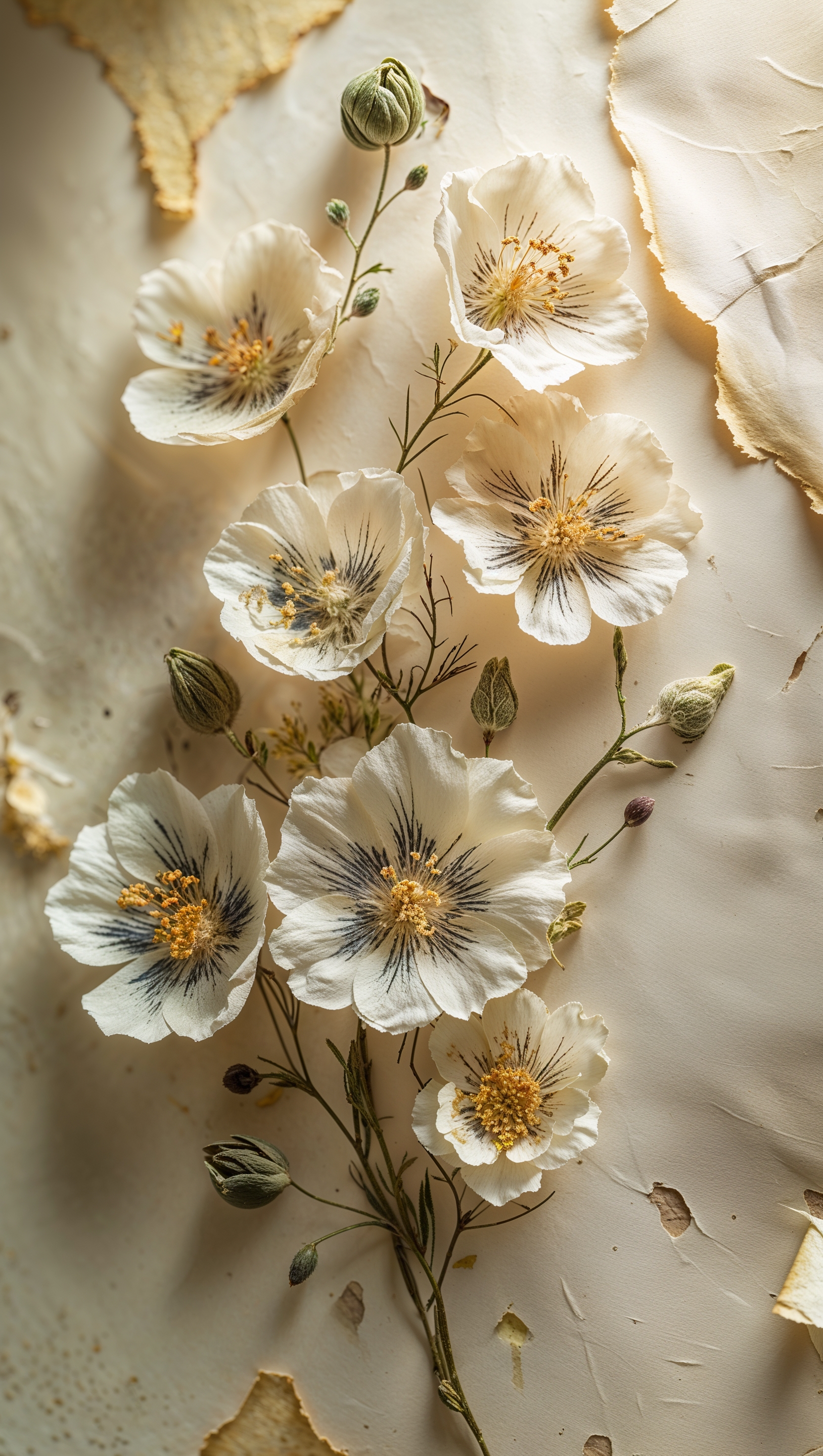 Vintage pressed flowers on old paper texture, soft light, high-resolution
