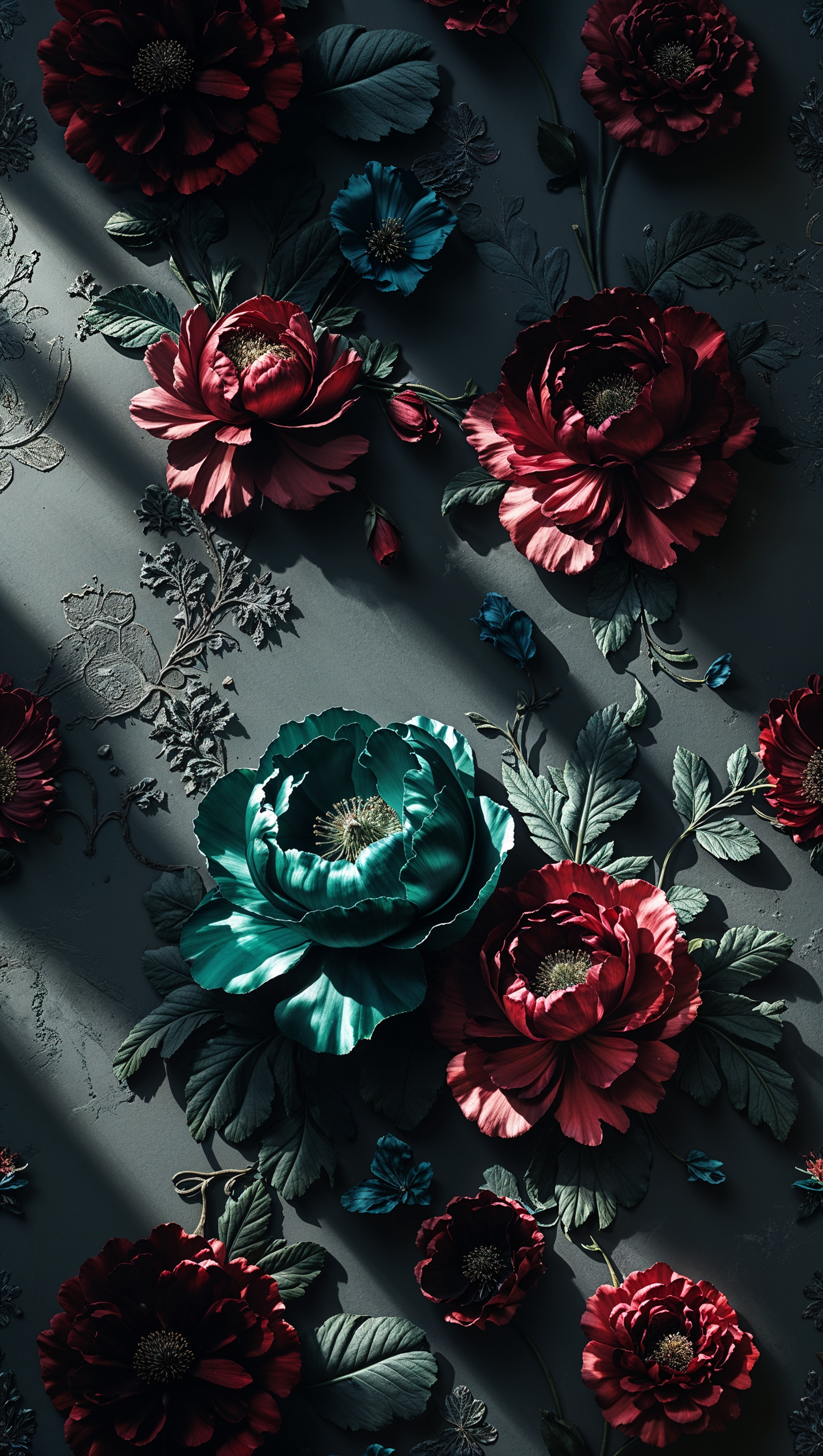 Moody dark vintage flower wallpaper with dramatic lighting