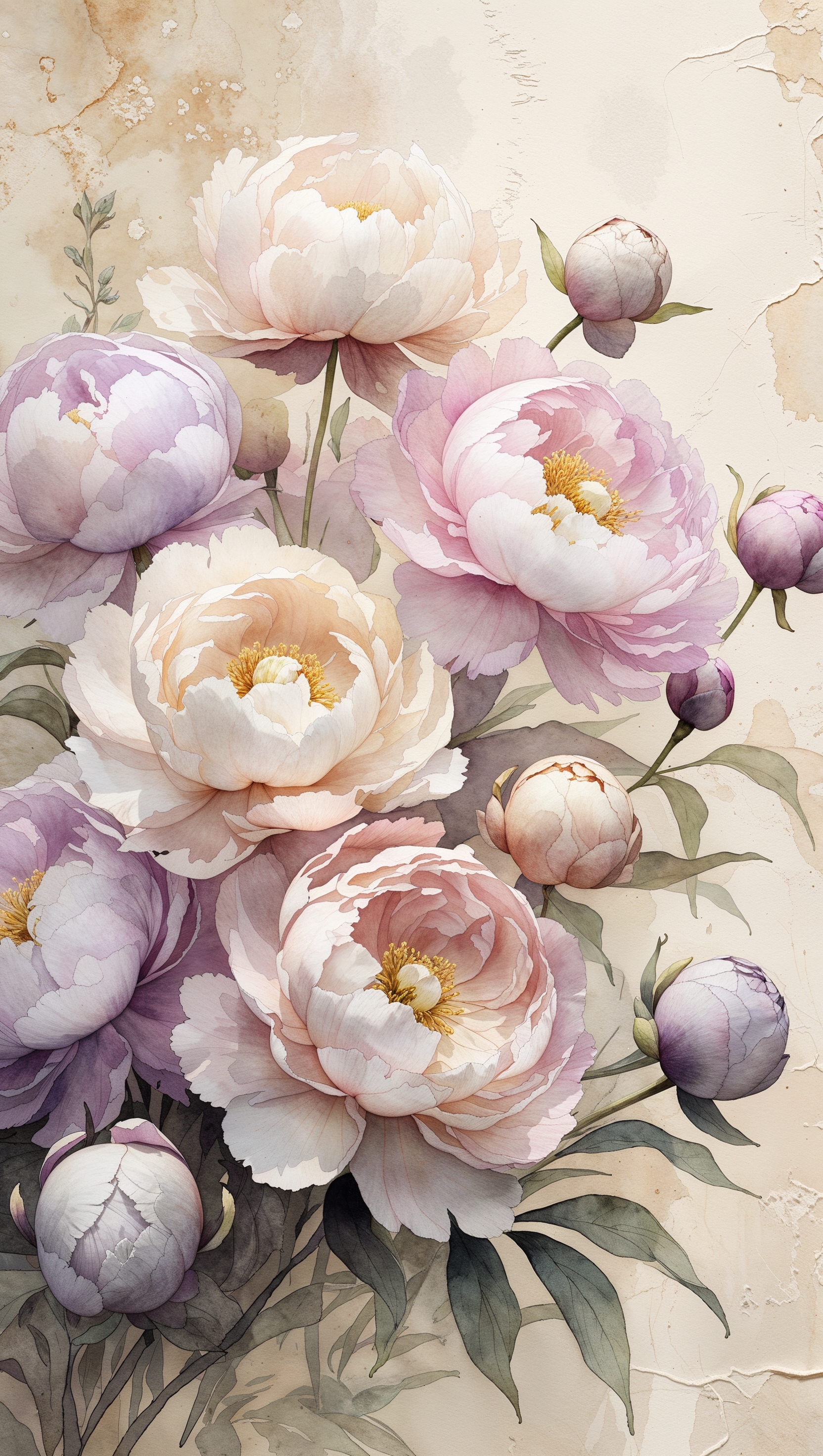 Watercolor vintage peonies with faded textures, pastel tones for phone background