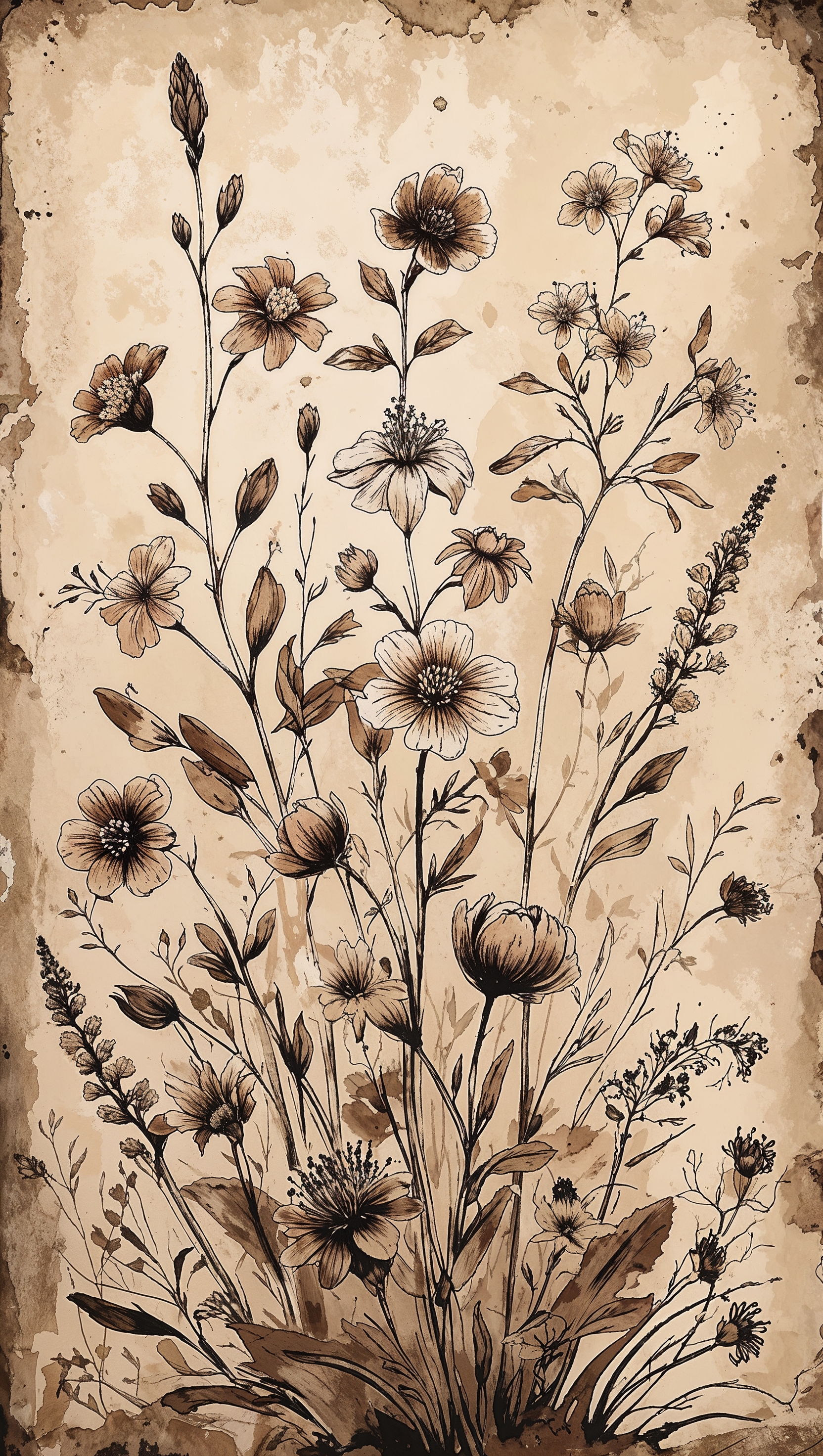 Old botanical illustration of wildflowers, vintage ink drawing wallpaper