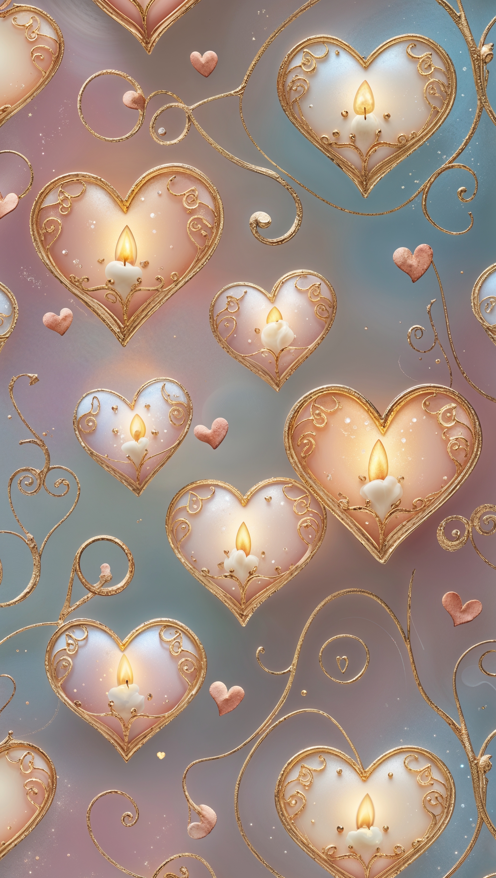 Romantic wallpaper with glowing lights and golden hearts