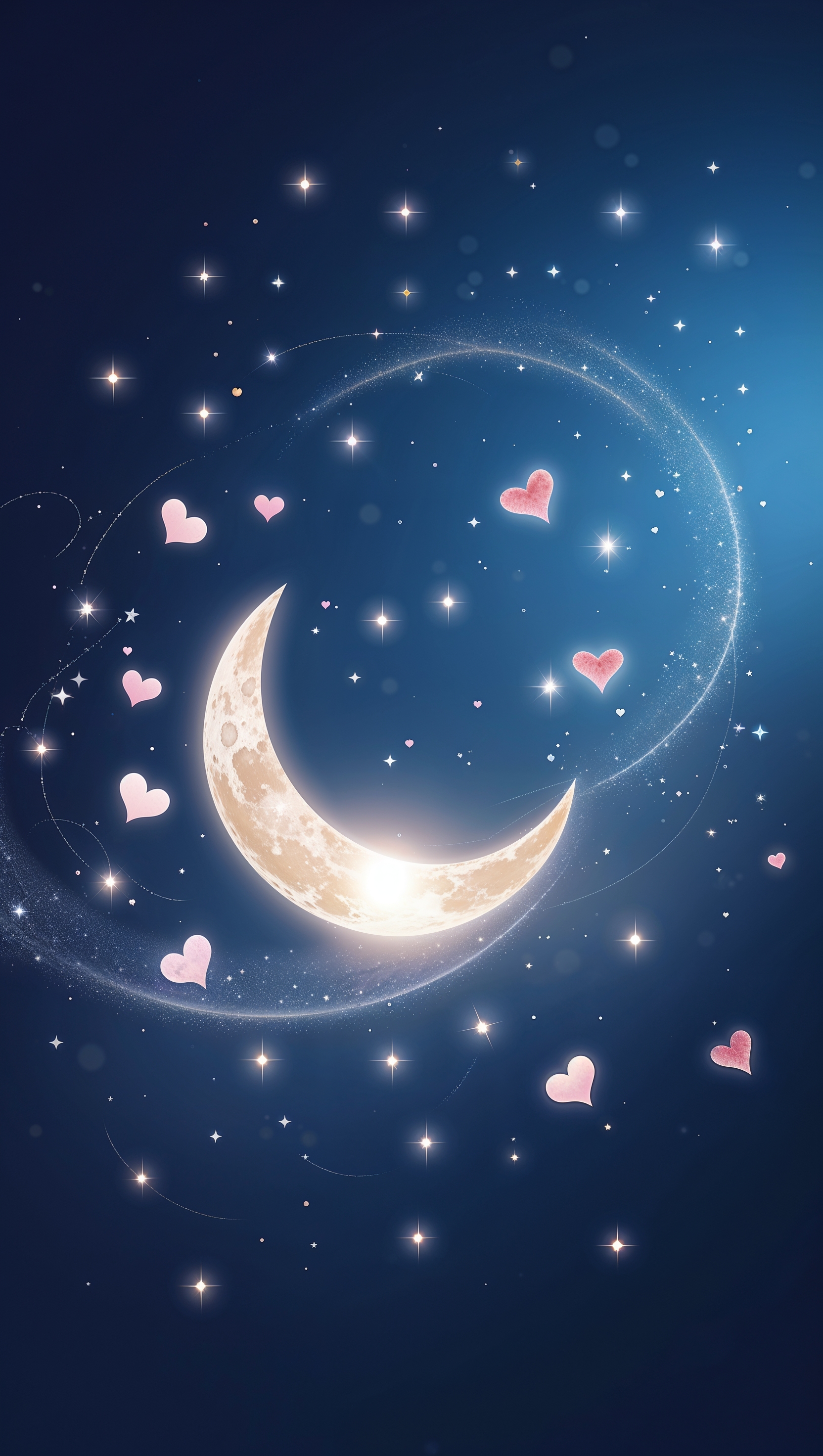 Romantic background with moon, stars, and small hearts