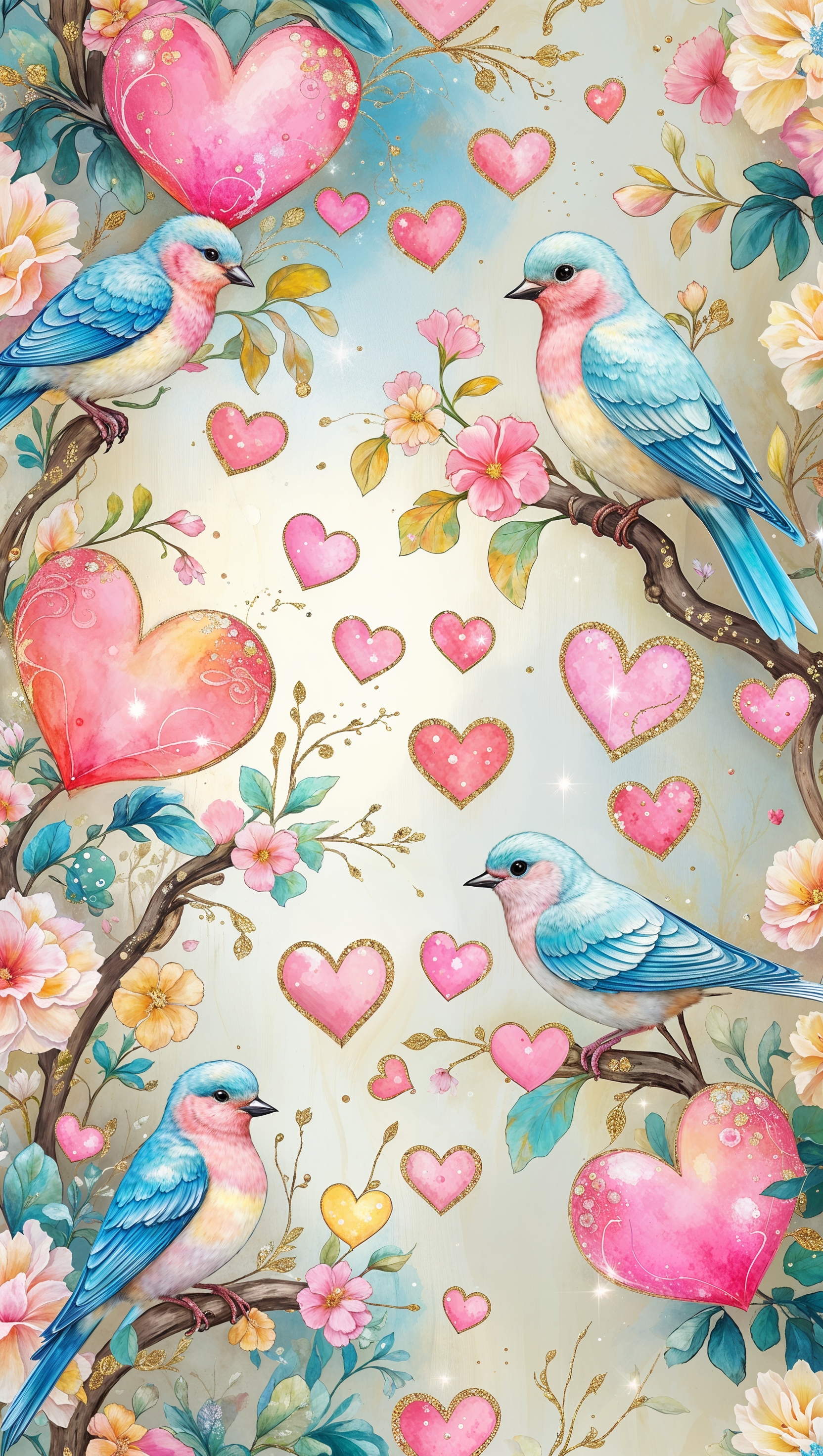 Romantic wallpaper with birds and pink hearts