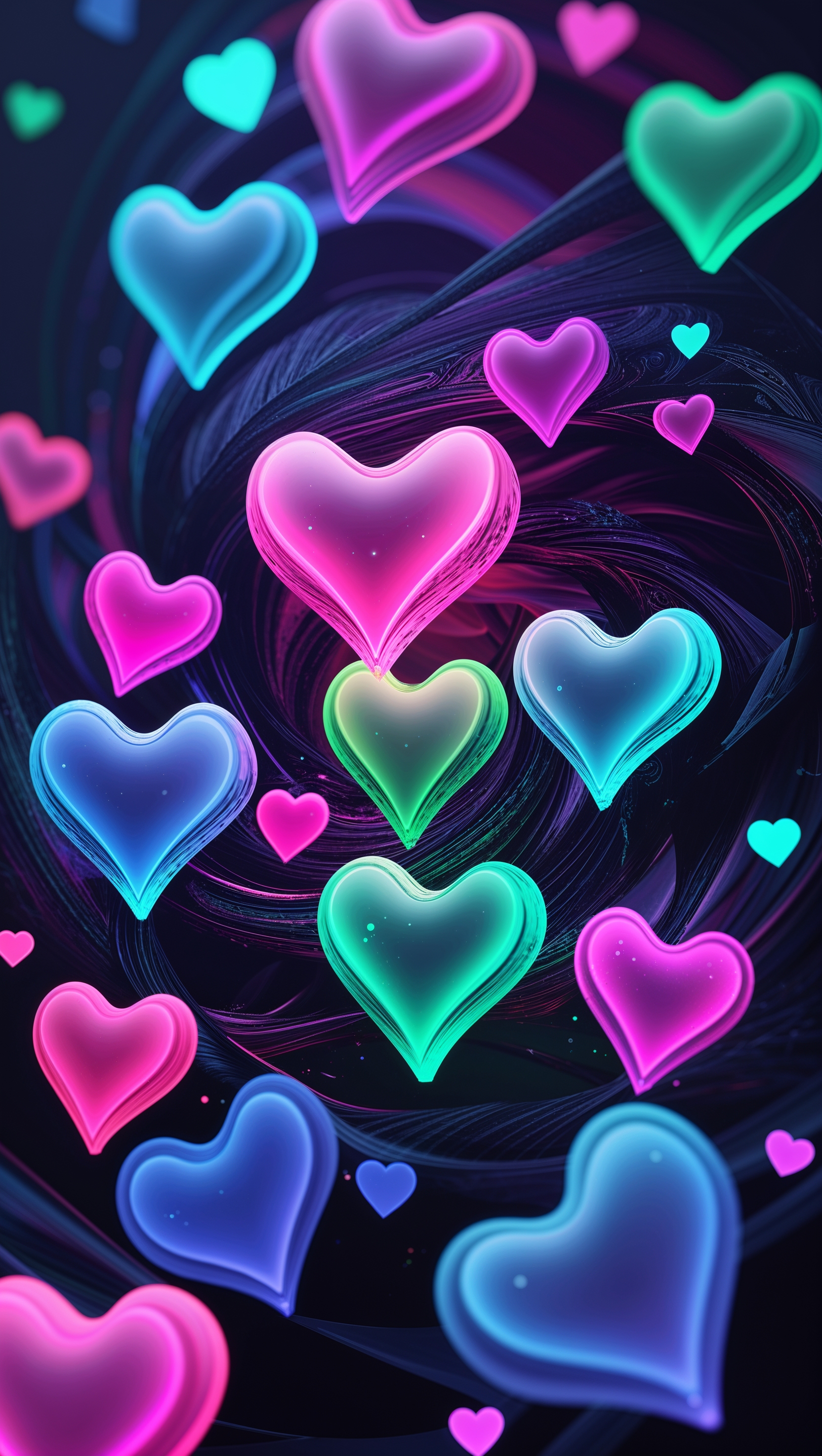 Colorful neon hearts on dark background iPhone wallpaper