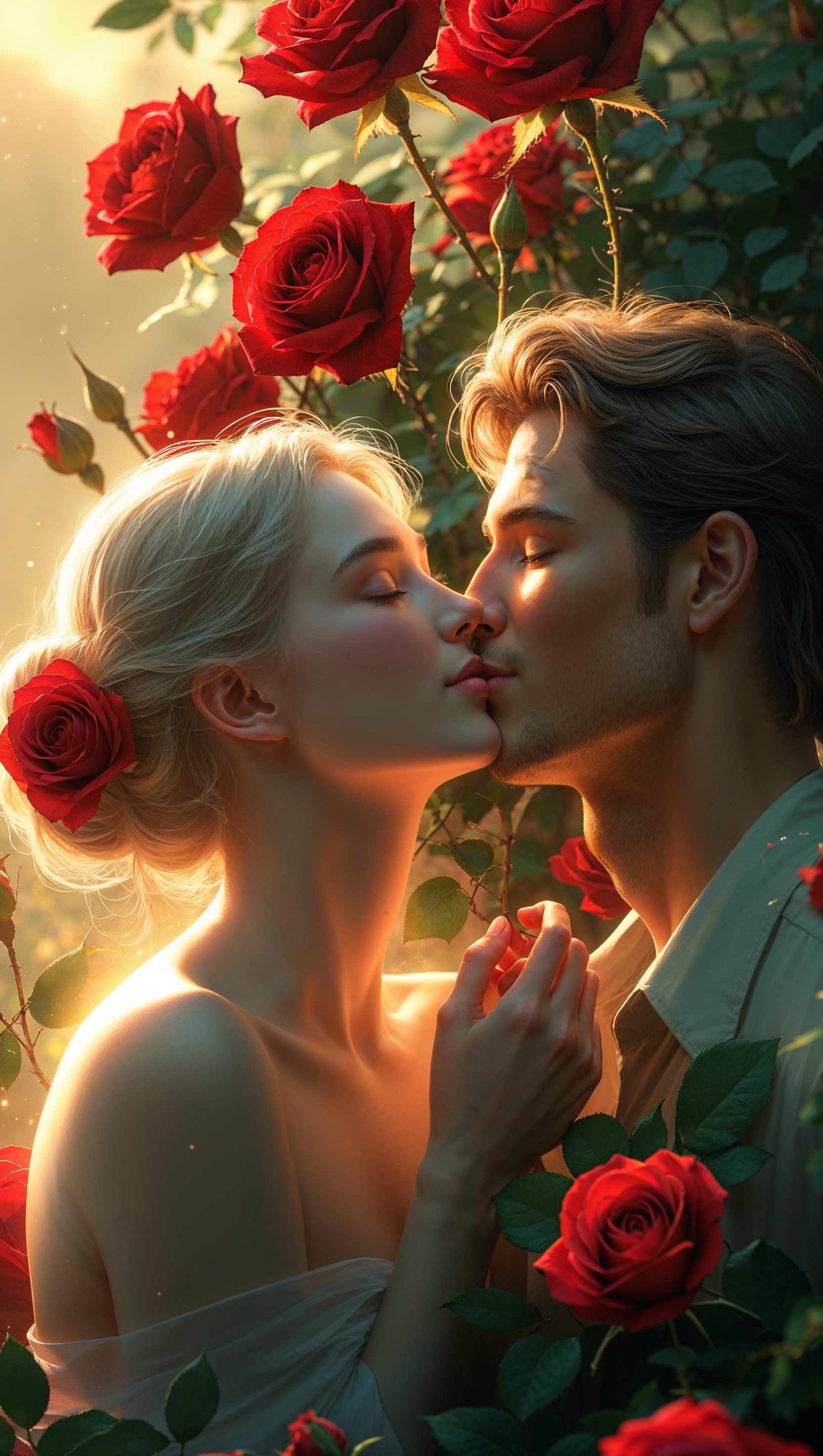 iPhone wallpaper with red roses and a romantic kiss
