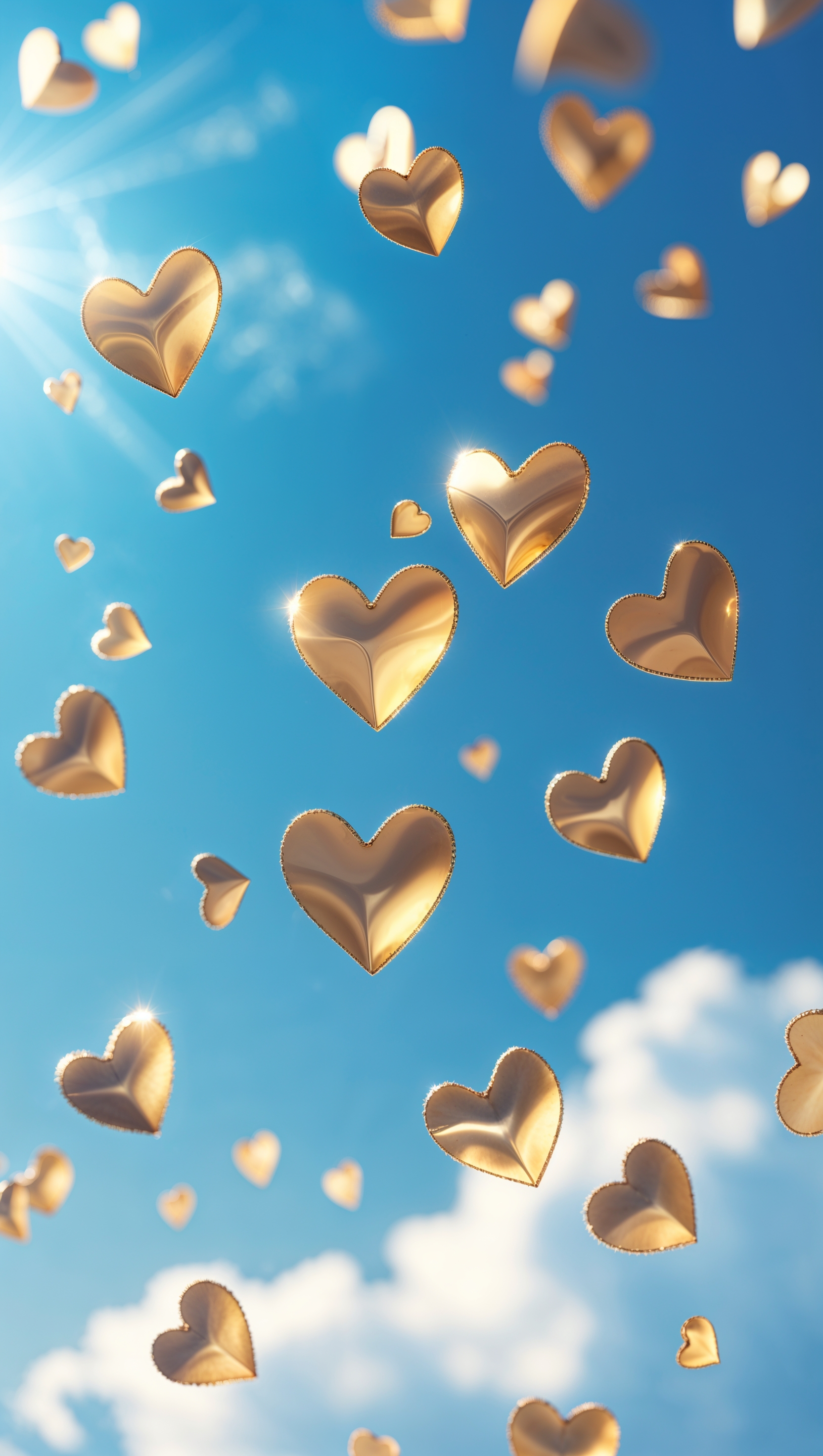 iPhone wallpaper with golden hearts and blue sky