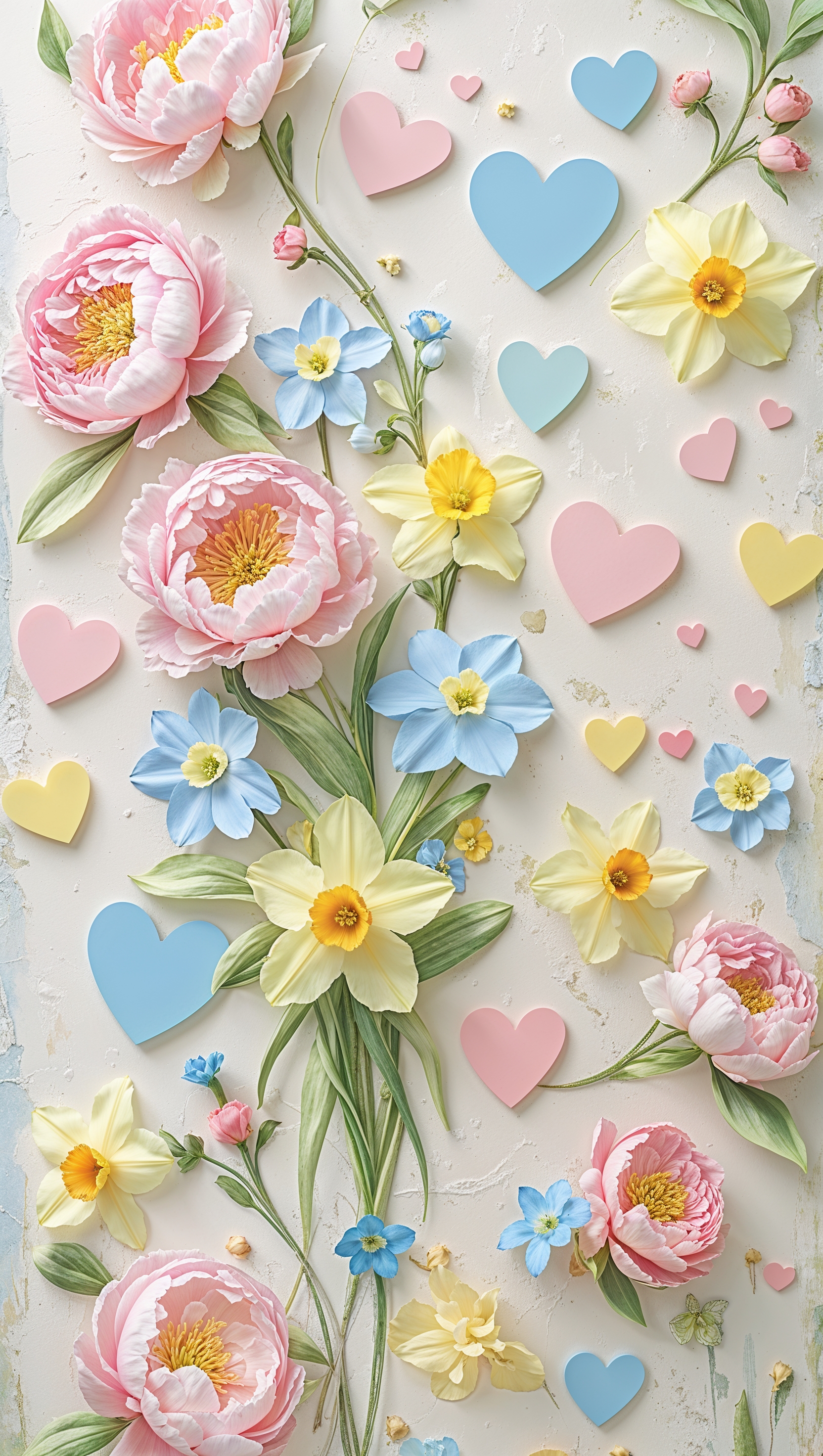 Romantic spring flowers and colorful hearts wallpaper