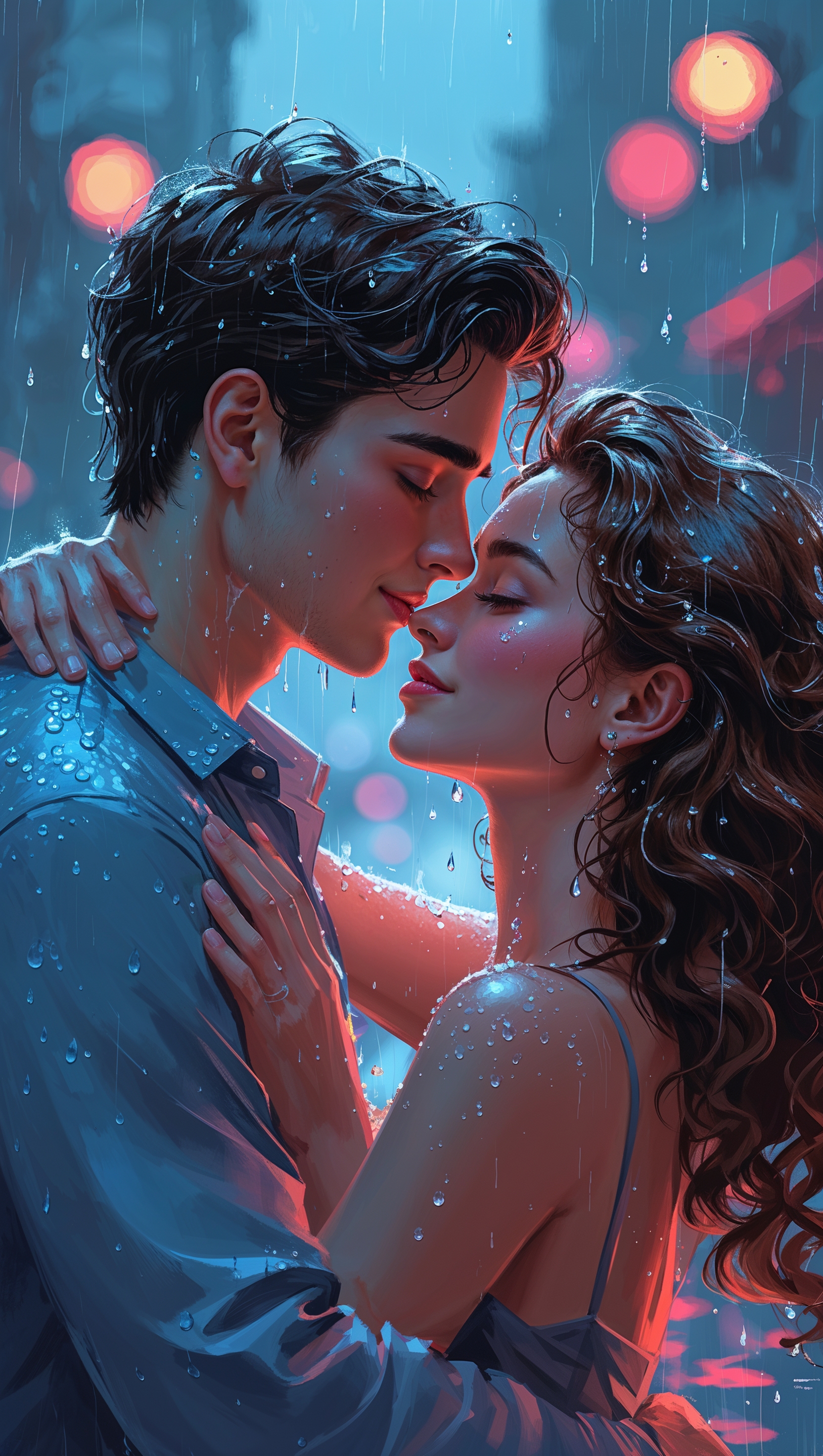 Artistic wallpaper of a loving couple under rain for iPhone
