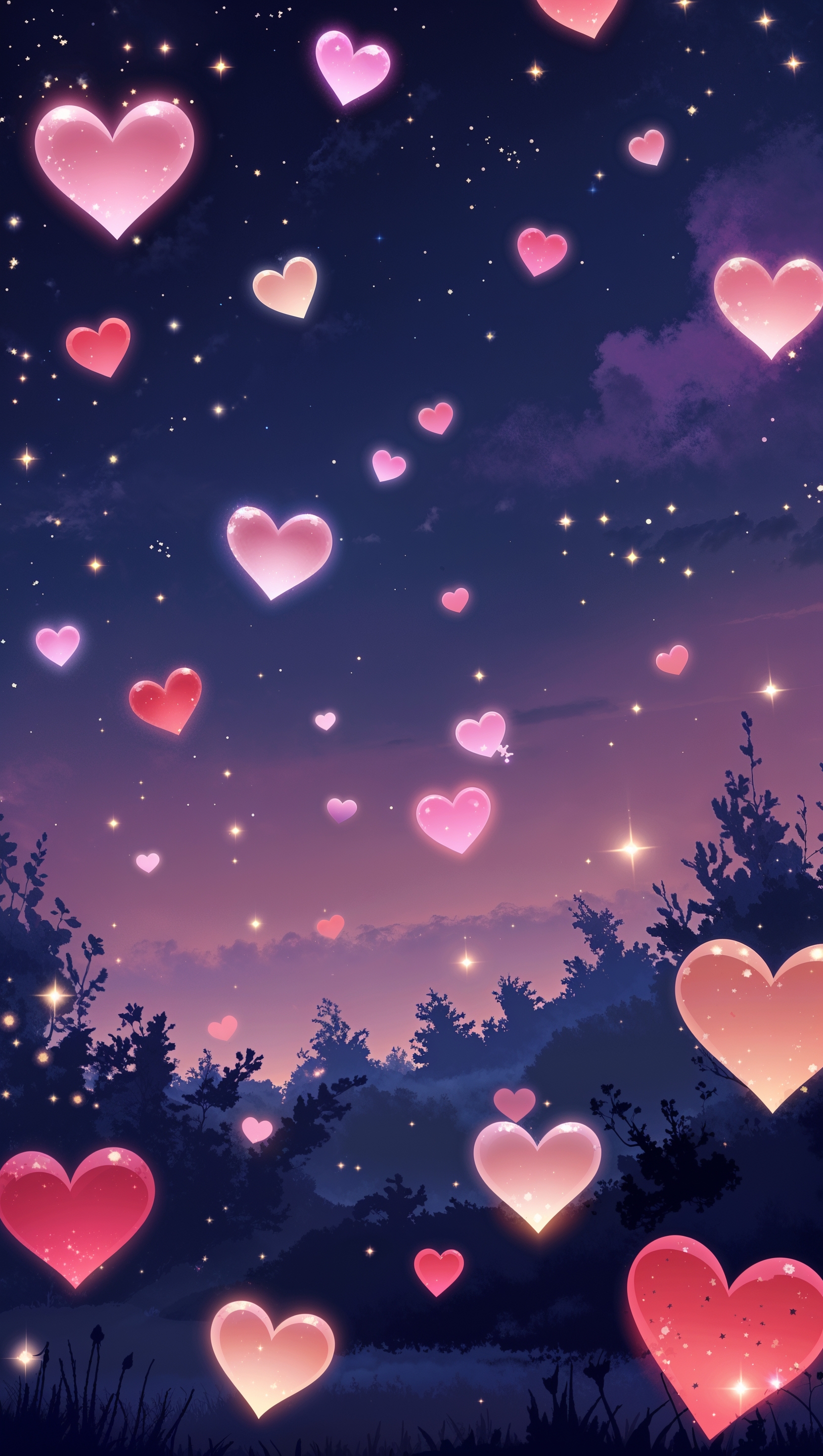 Floating hearts in the night sky iPhone wallpaper
