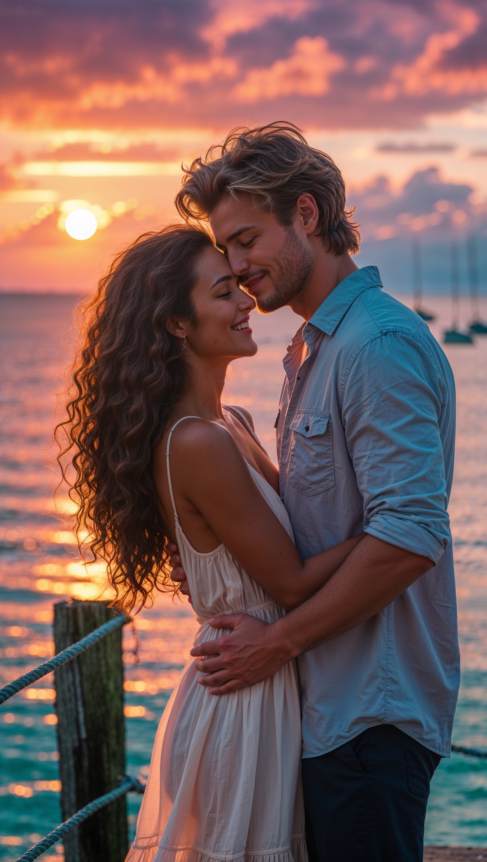 Romantic iPhone wallpaper with two people hugging at sunset