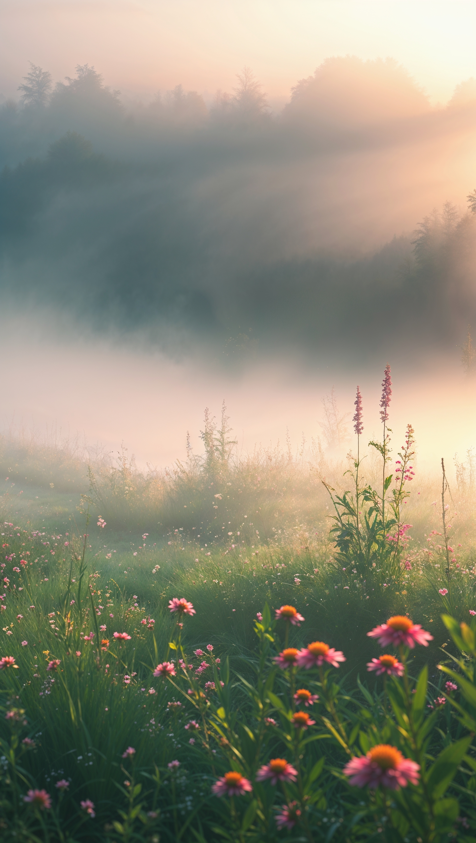 Wildflowers in morning mist, perfect for iPhone wallpaper