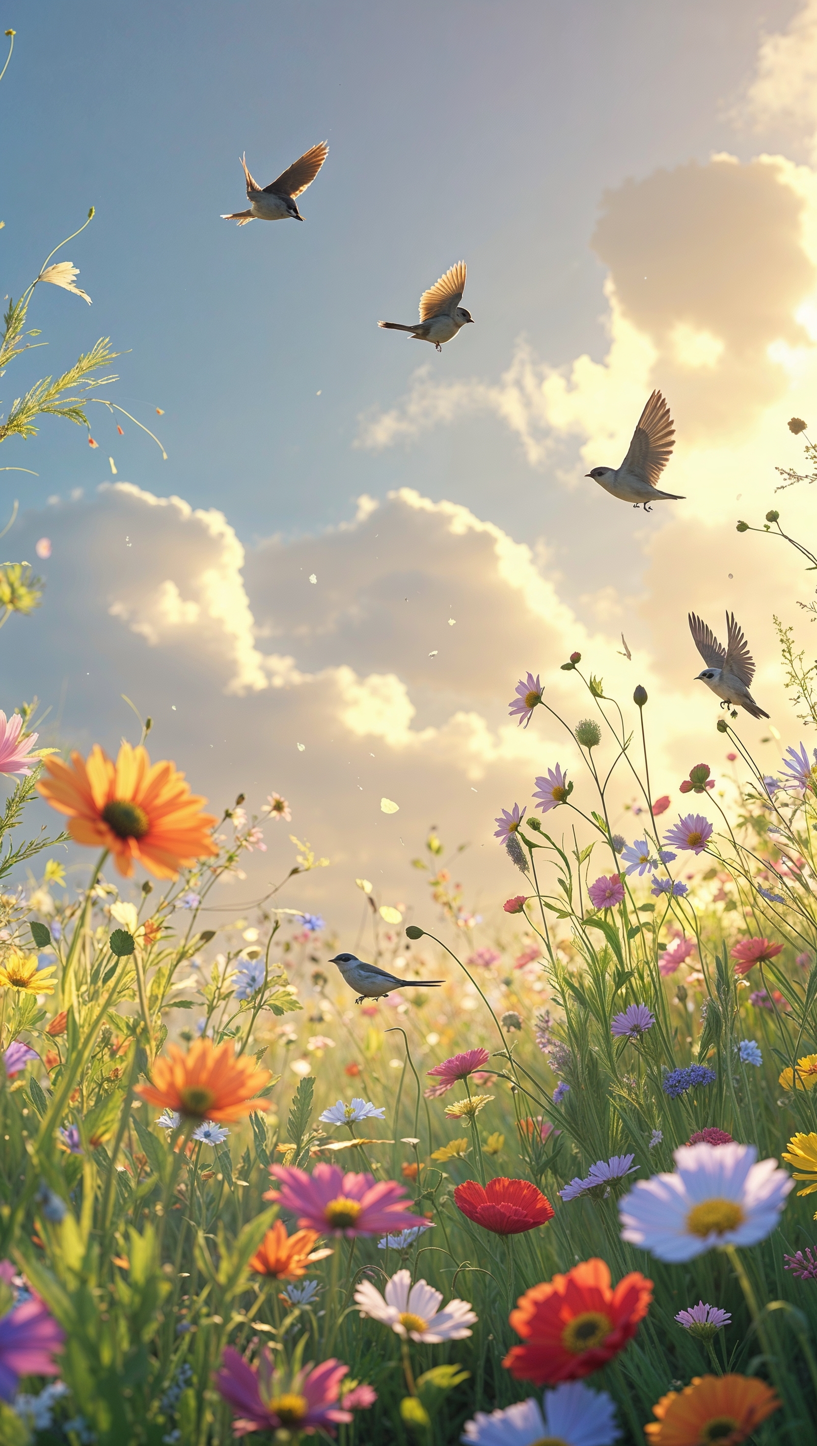 Wildflowers and small birds, iPhone wallpaper