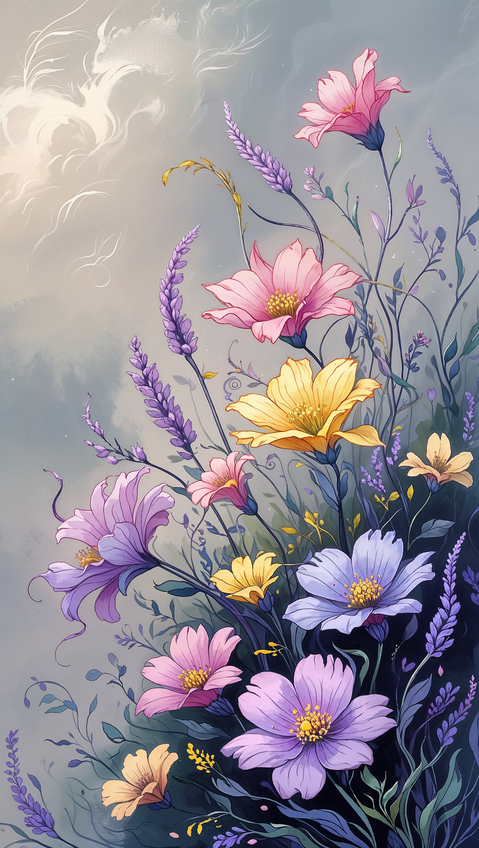 Fantasy wildflowers in storybook style, iPhone wallpaper
