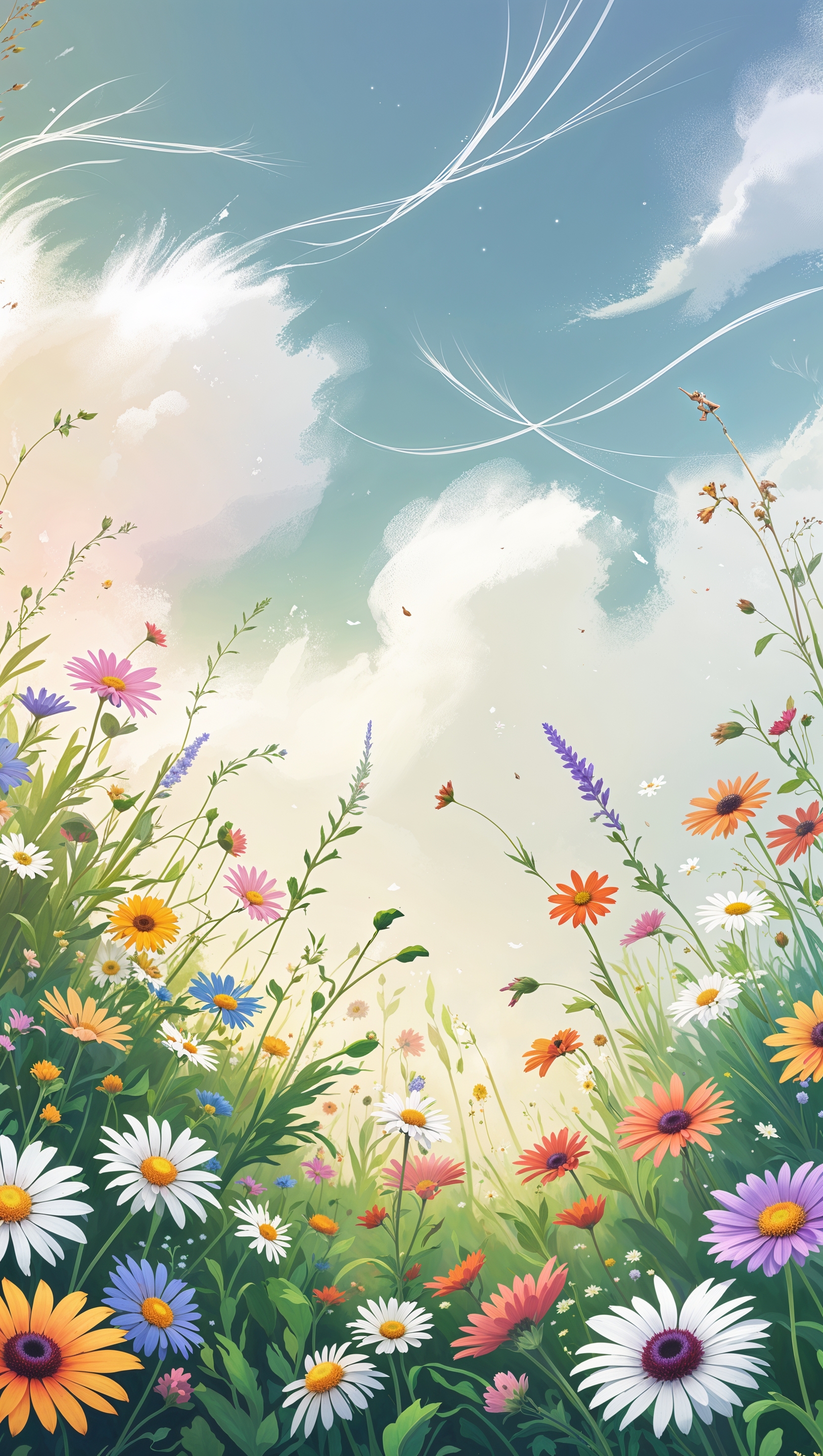 Wildflowers and soft clouds, iPhone wallpaper