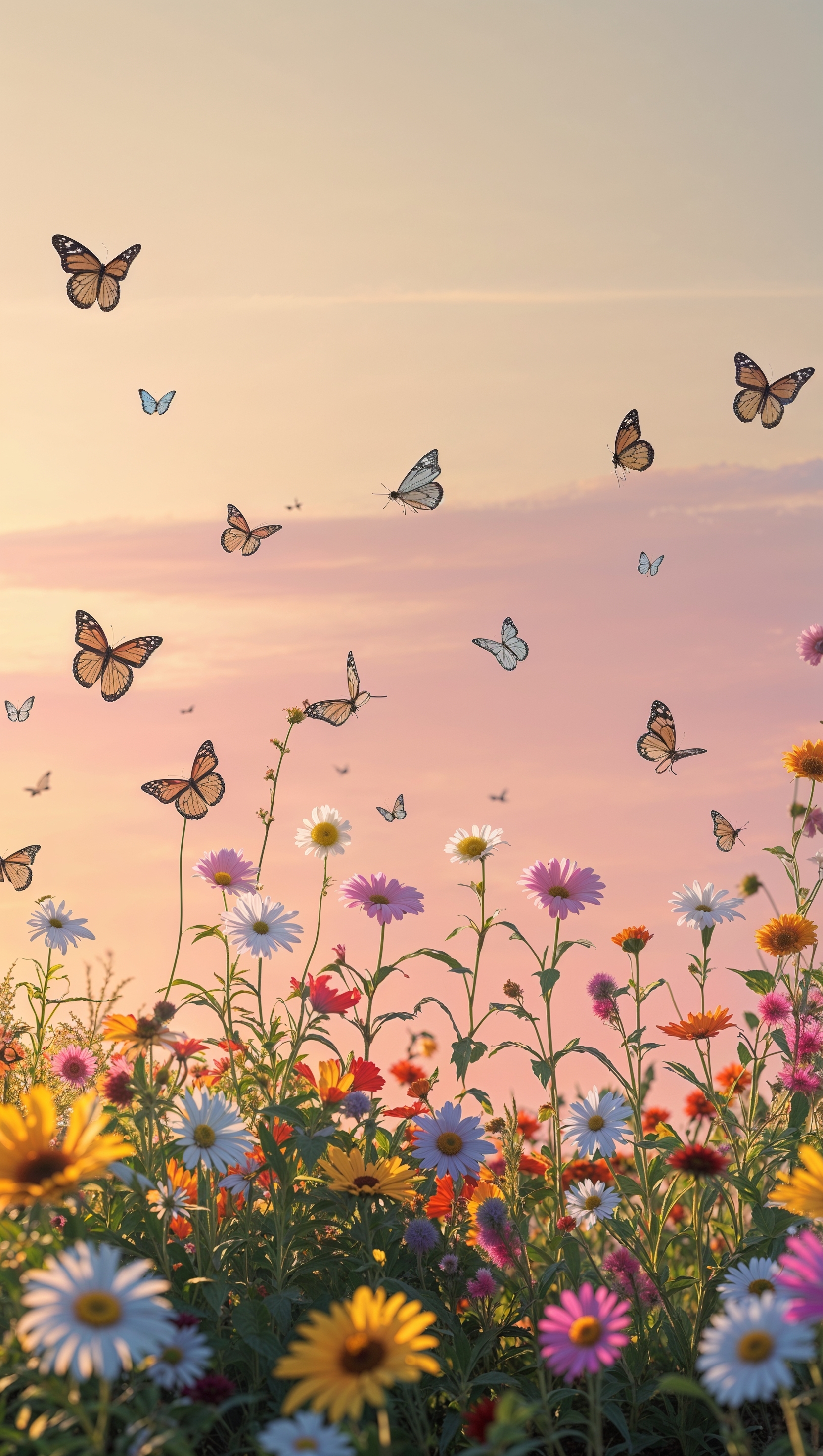 Wildflowers and butterflies at golden hour, iPhone wallpaper