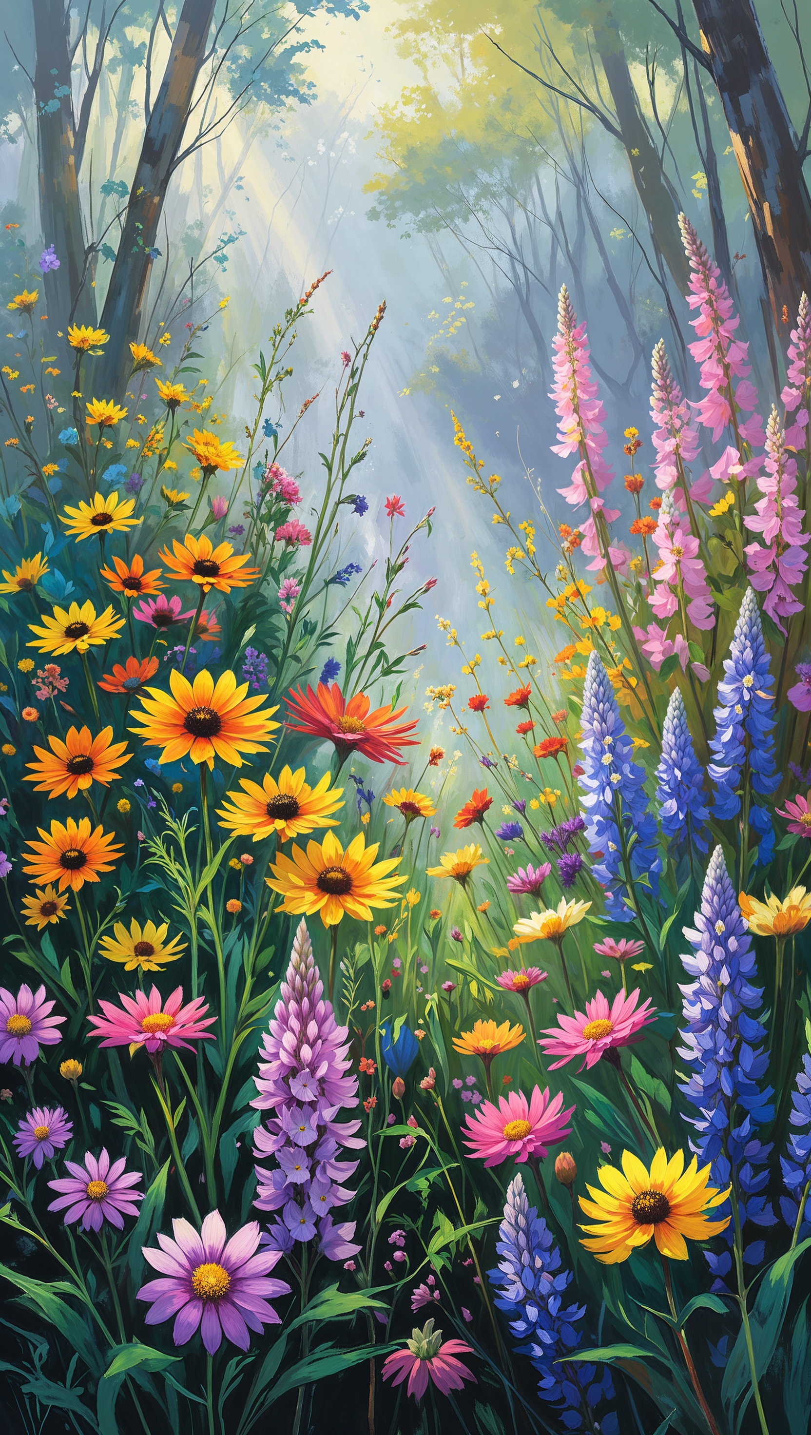 Digital painting of wildflowers in a forest, iPhone wallpaper