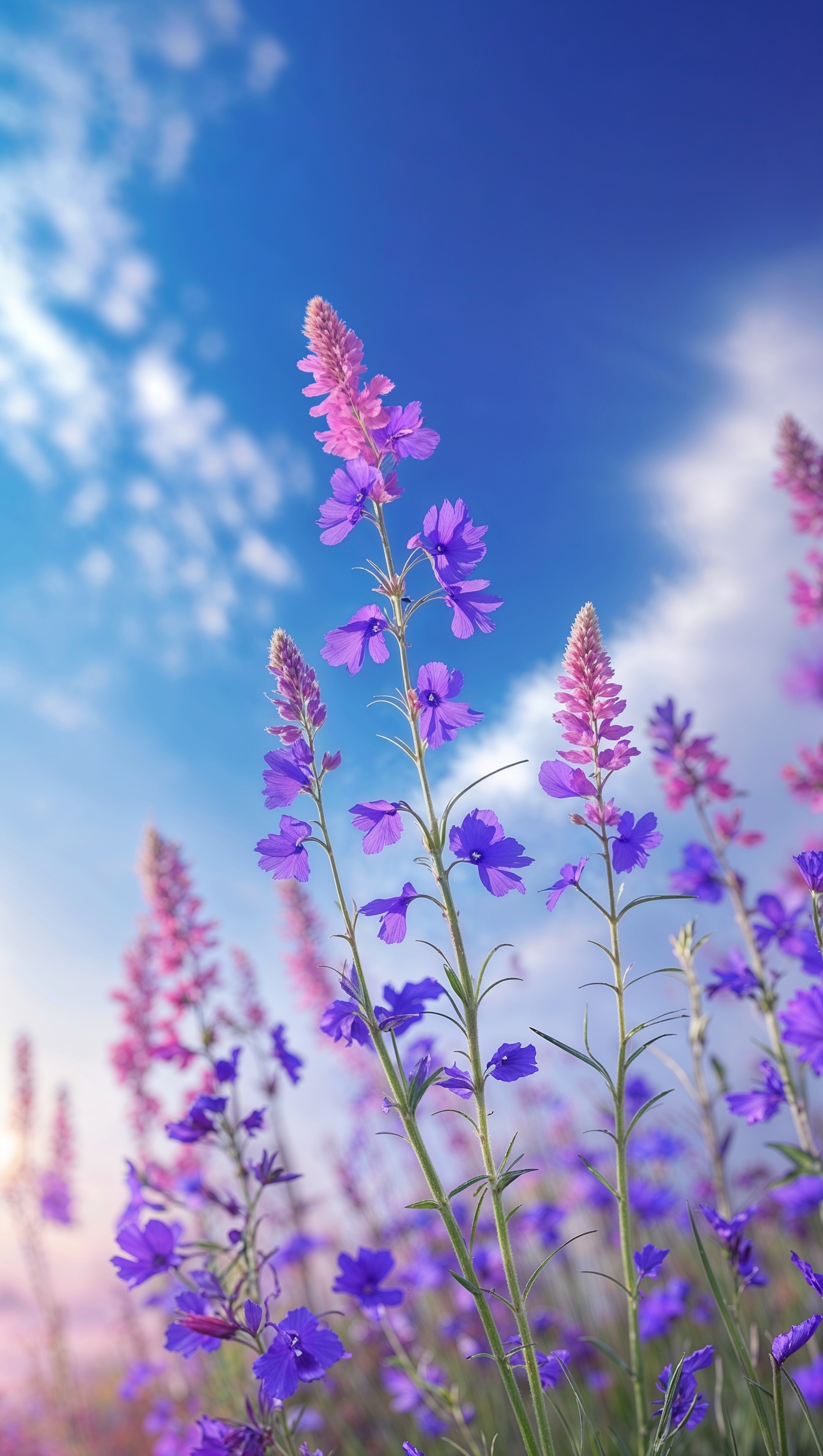 Purple and pink wildflowers with blue sky, iPhone wallpaper