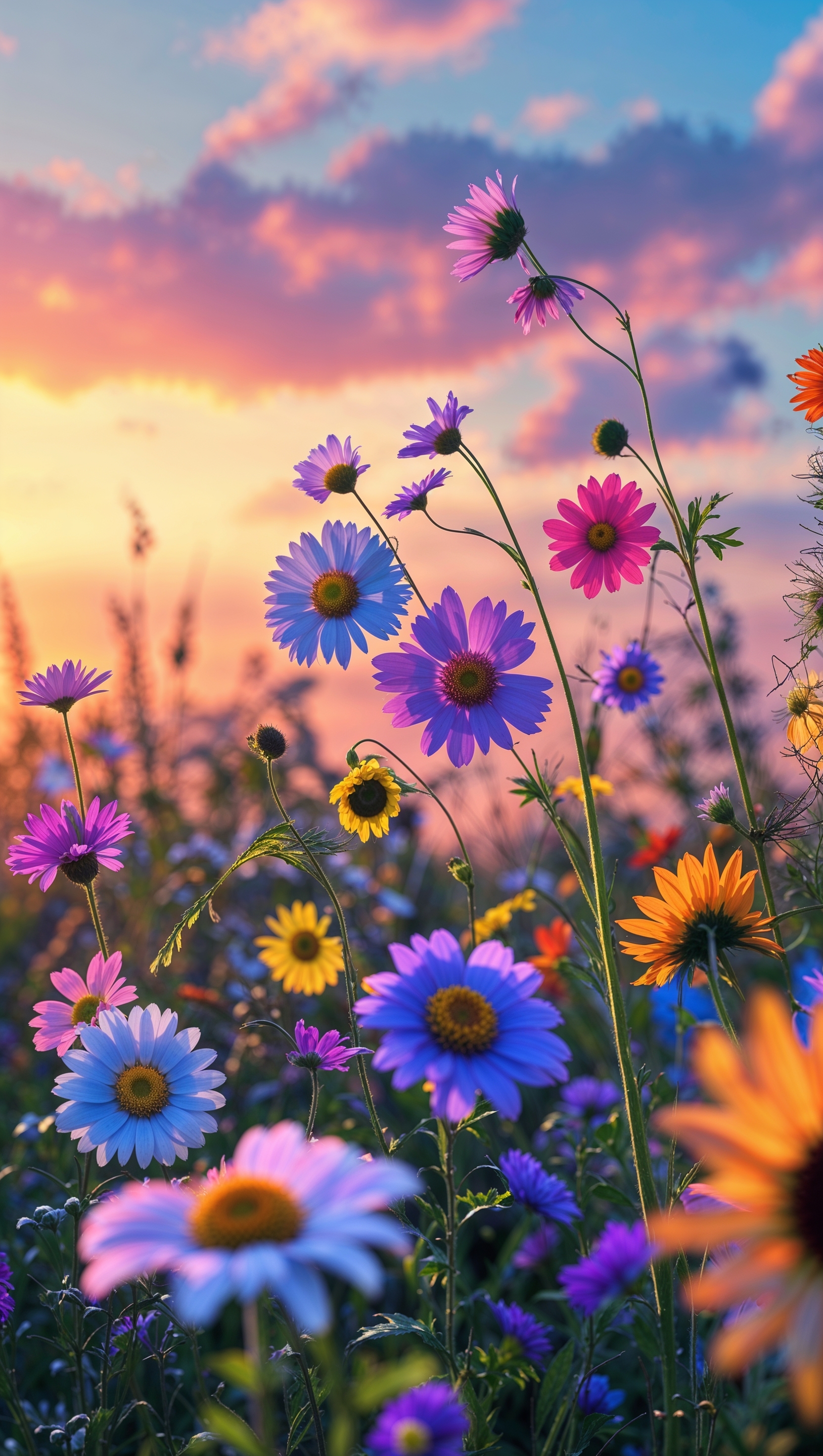 Colorful wildflowers at sunset, iPhone wallpaper