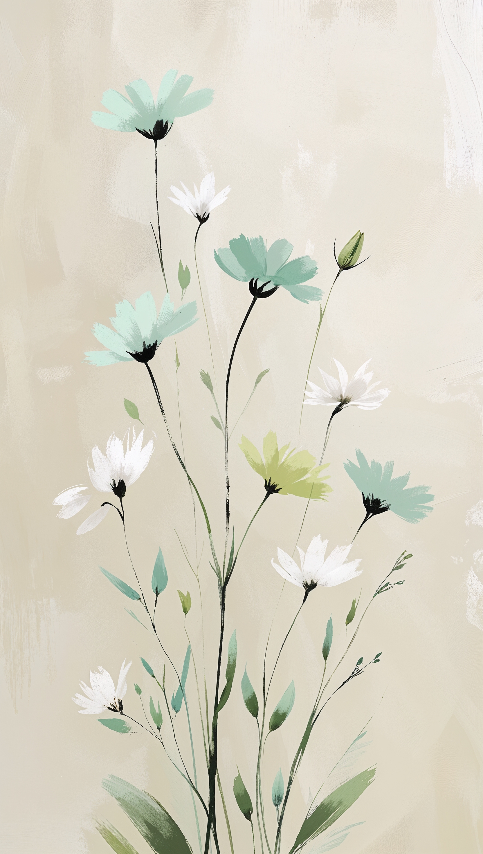 Minimal design with white and green wildflowers, iPhone wallpaper