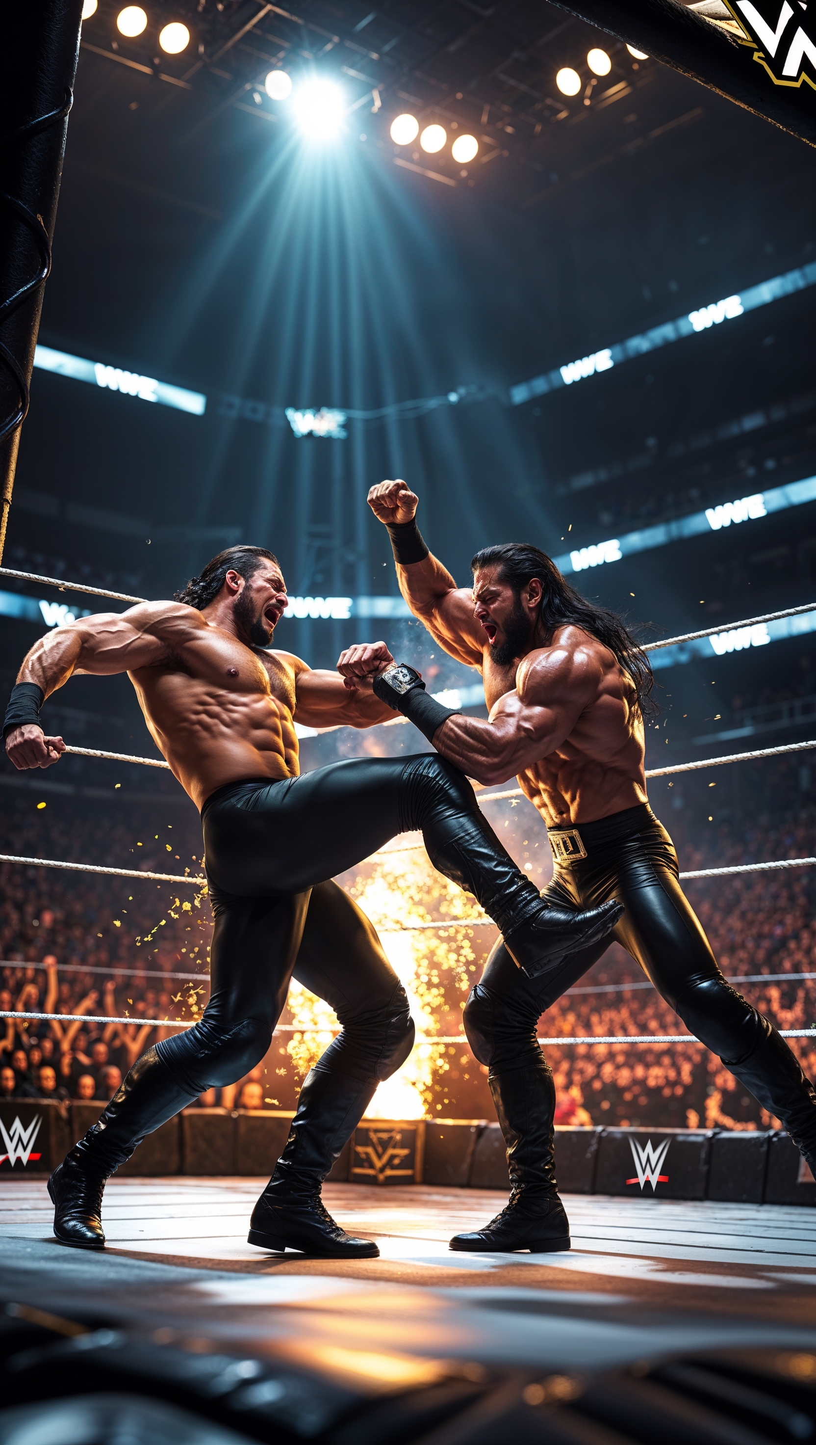 iPhone wallpaper with a scene from a WWE cage match