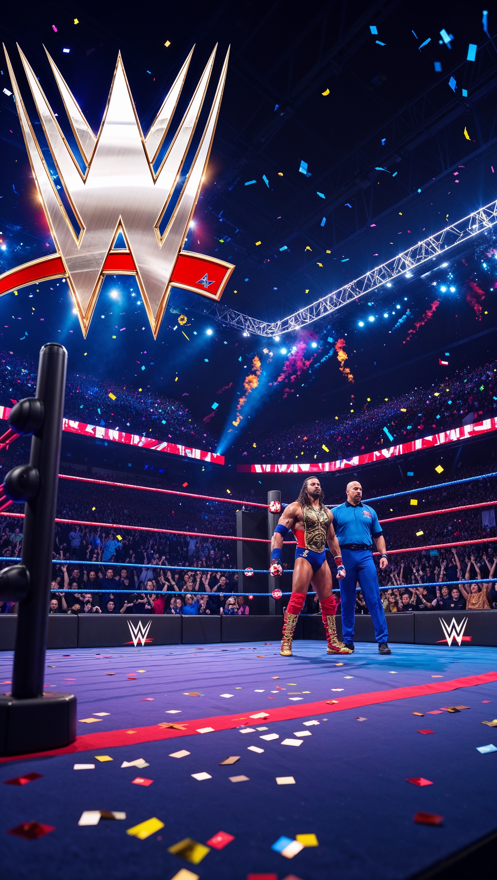 iPhone wallpaper of an exciting WWE match with special effects