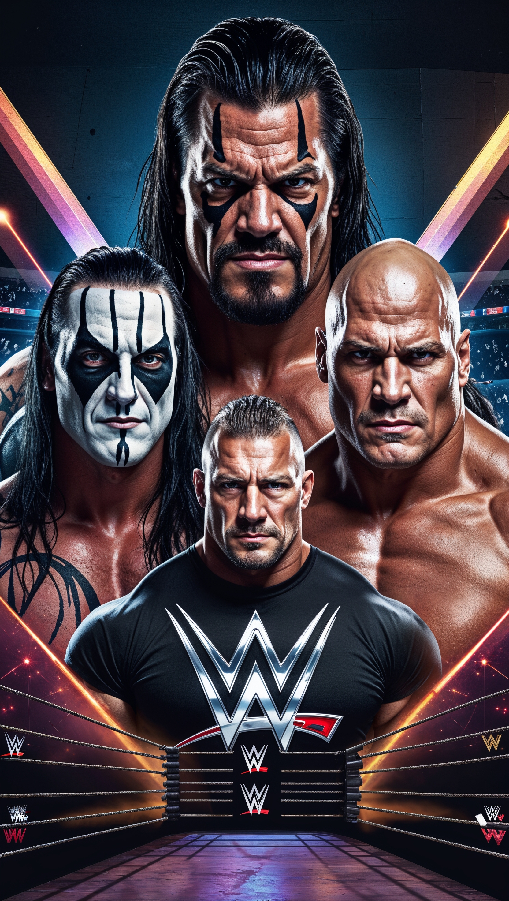 iPhone wallpaper with WWE wrestling, featuring the ring and famous wrestlers