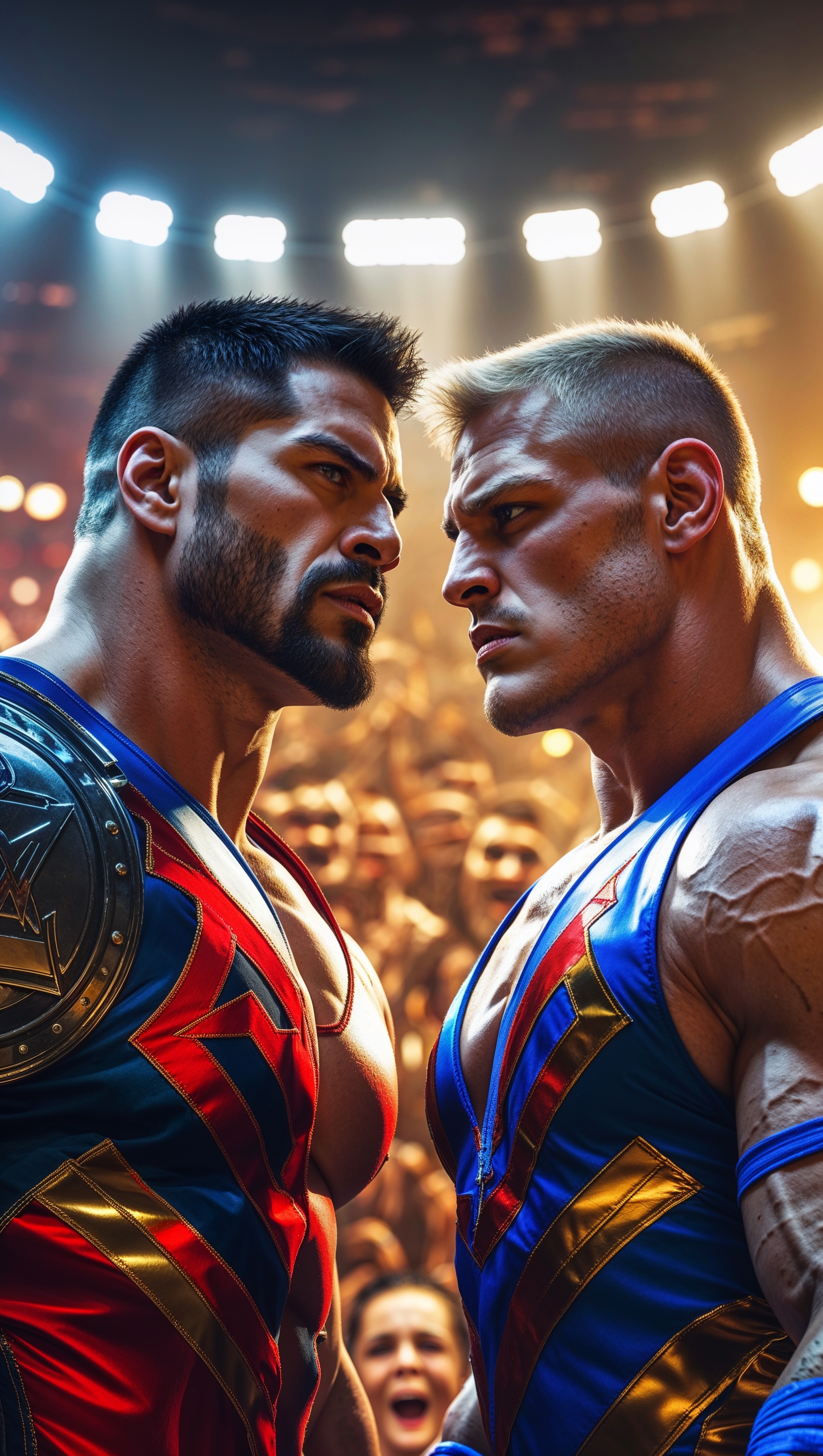 iPhone wallpaper with WWE wrestlers fighting under stadium lights
