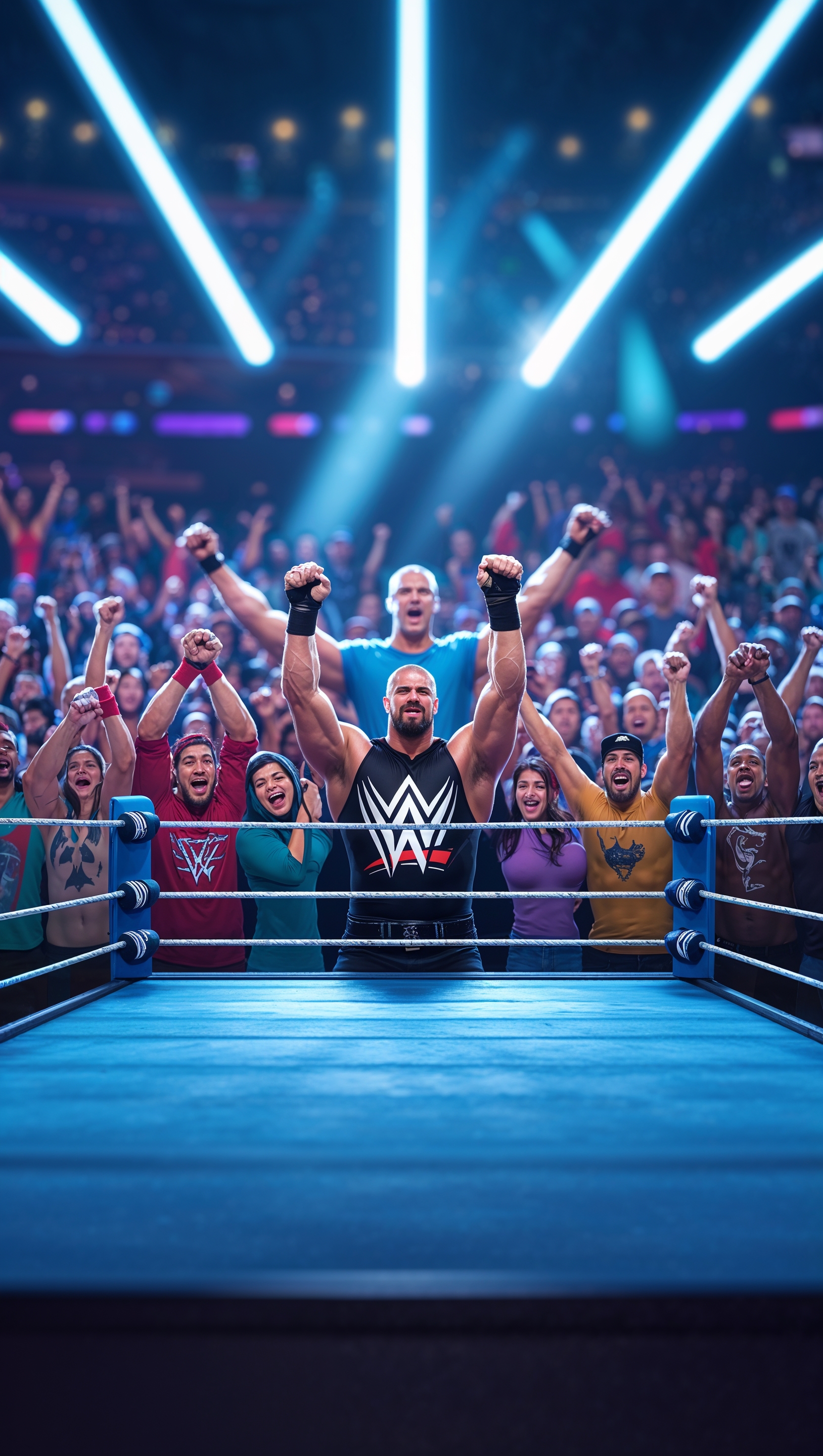 iPhone wallpaper with a WWE wrestling ring and fans in the background