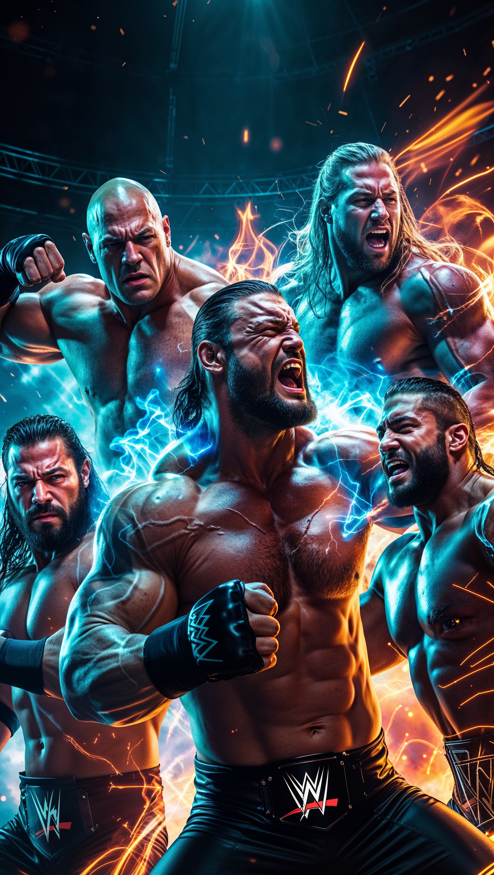 iPhone wallpaper with WWE wrestlers fighting with glowing effects