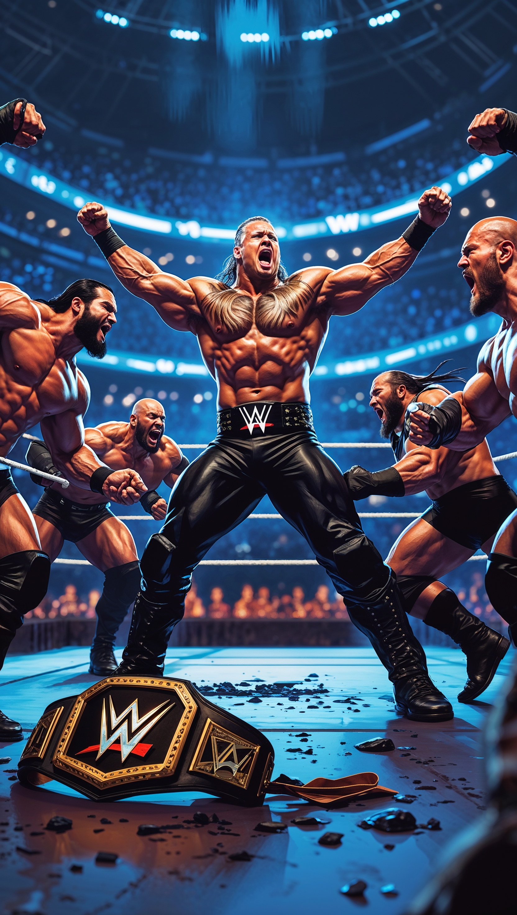 iPhone wallpaper with a WWE wrestler fighting multiple opponents