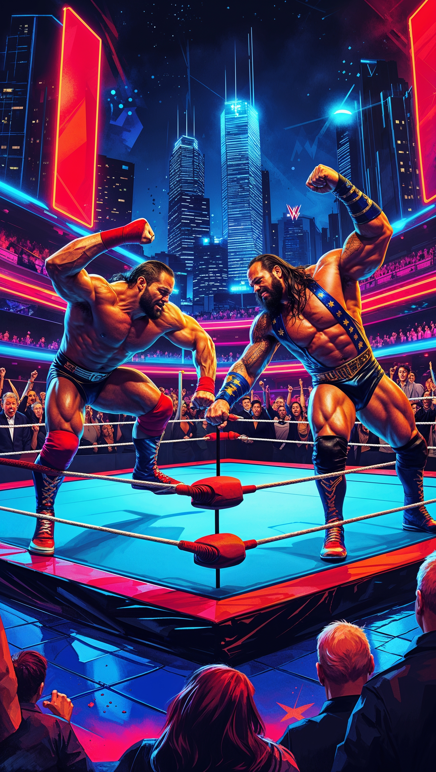iPhone wallpaper design with an action-packed WWE match scene